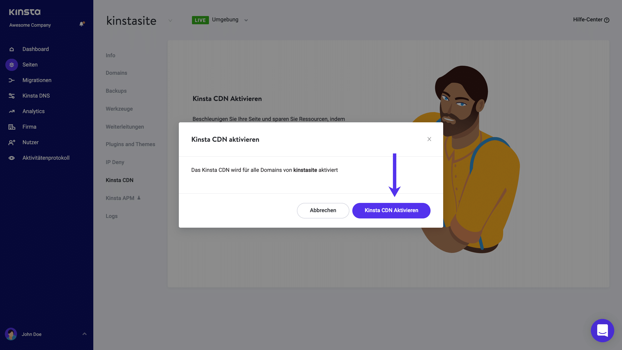Bestätige den Einsatz des Kinsta CDN.