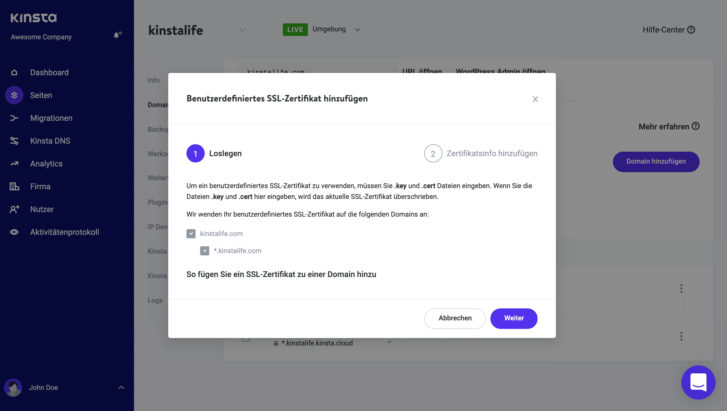 Installation des SSL-Zertifikats über MyKinsta.