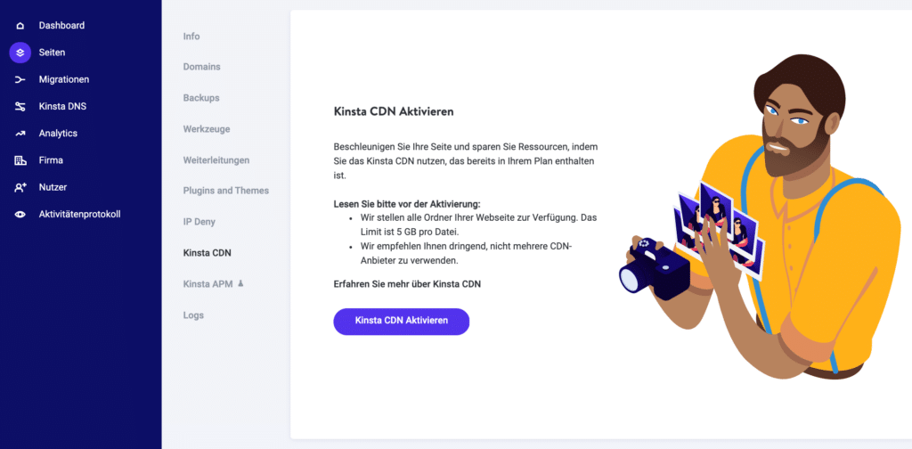 Verwende MyKinsta, um ein CDN für deine Webseite zu aktivieren. 