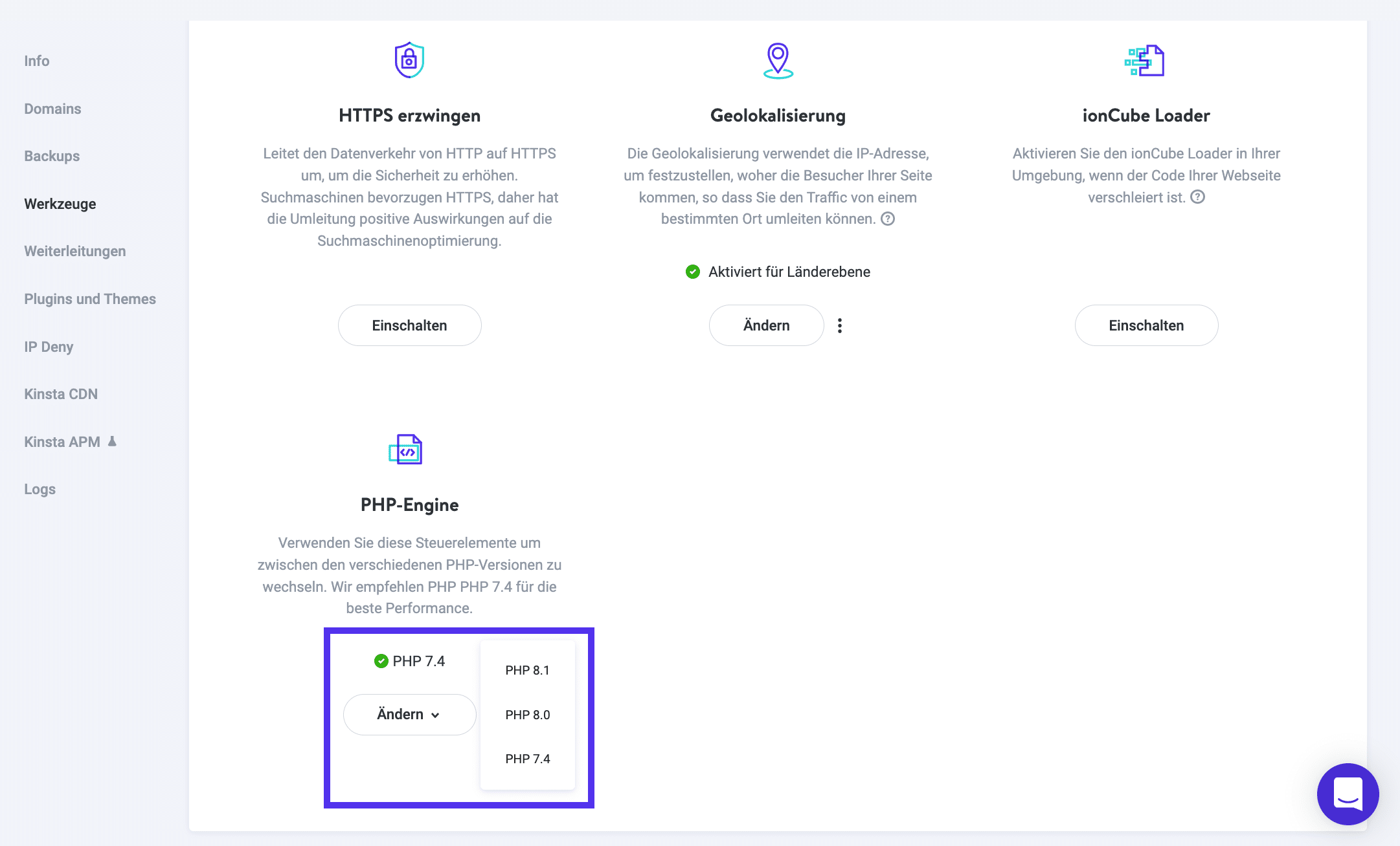 Kinsta unterstützt PHP 7.4, 8.0 und 8.1.