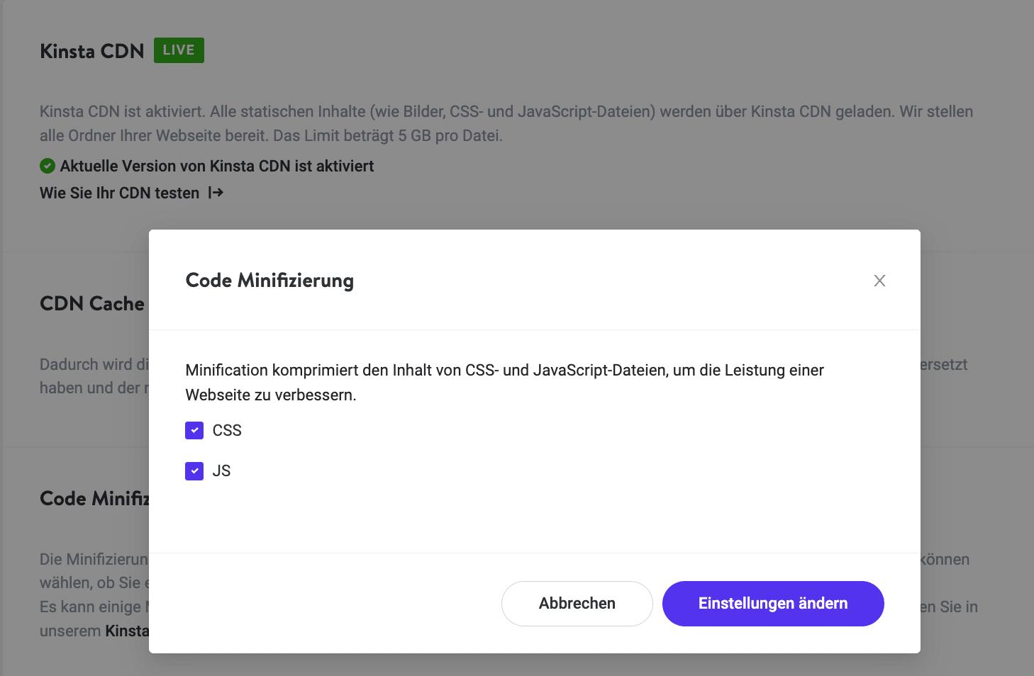 Mit dem Tool 'Code Minification' in MyKinsta.