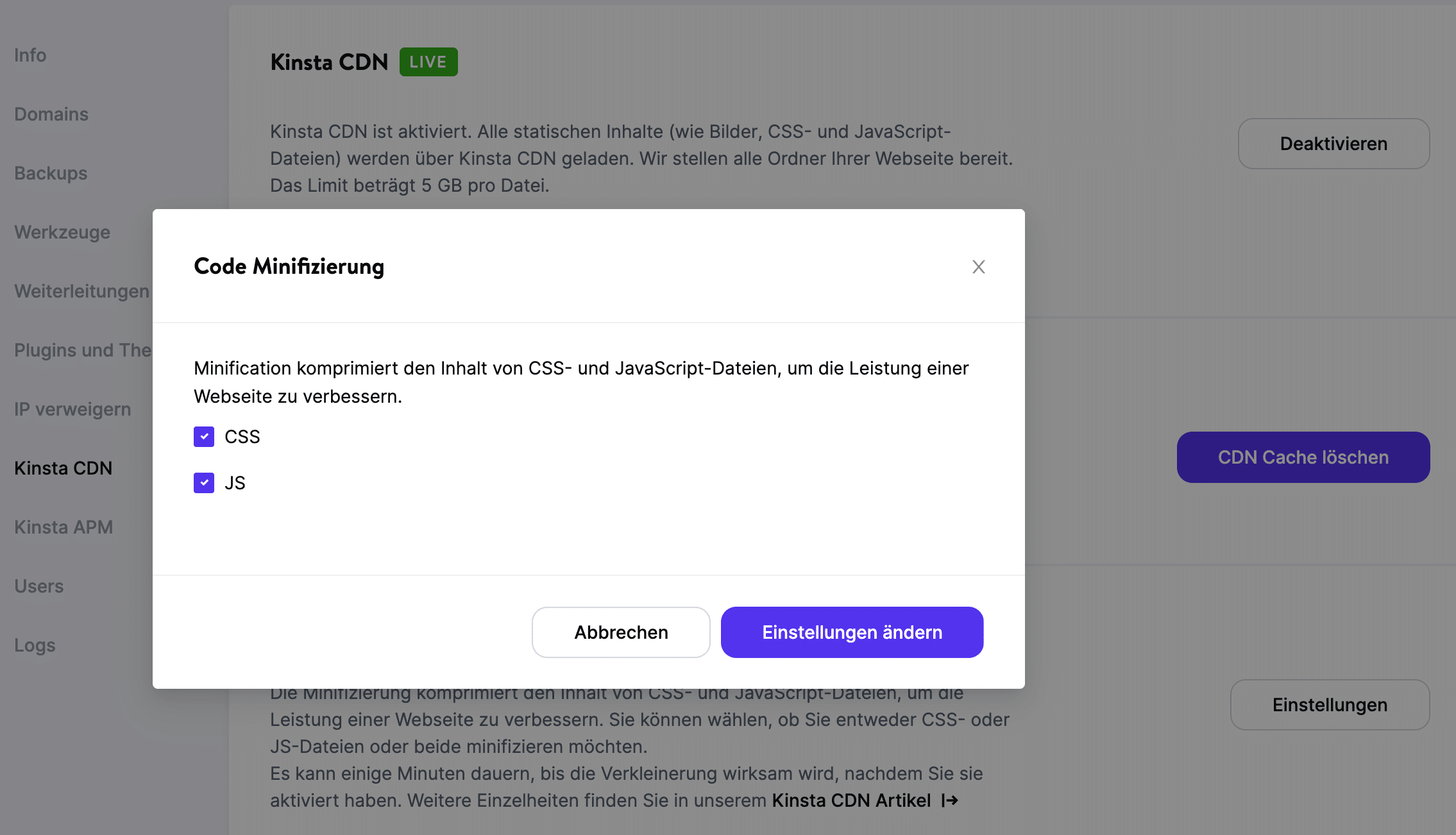 Ein Screenshot der Code-Minifizierungsfunktion im MyKinsta-Dashboard.