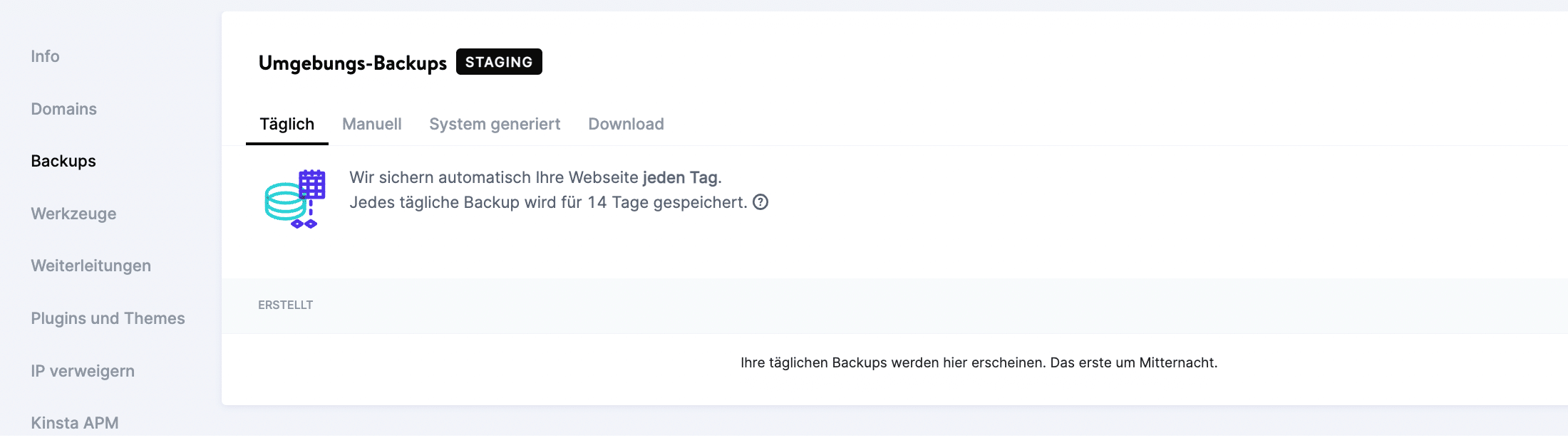 Umgebungsbackups in MyKinsta
