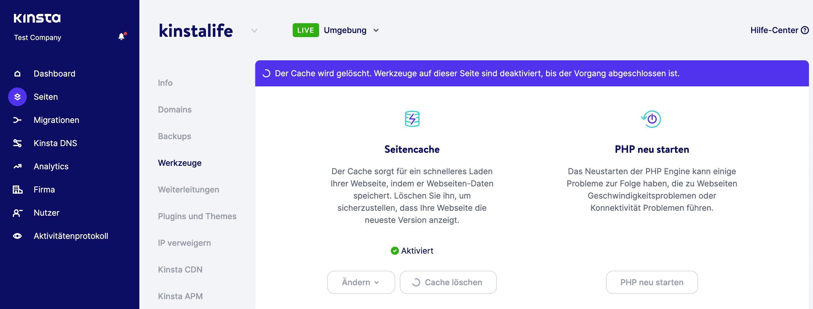 Ein Bildschirm, der zeigt, wie du den Cache über das MyKinsta-Dashboard löschen kannst.