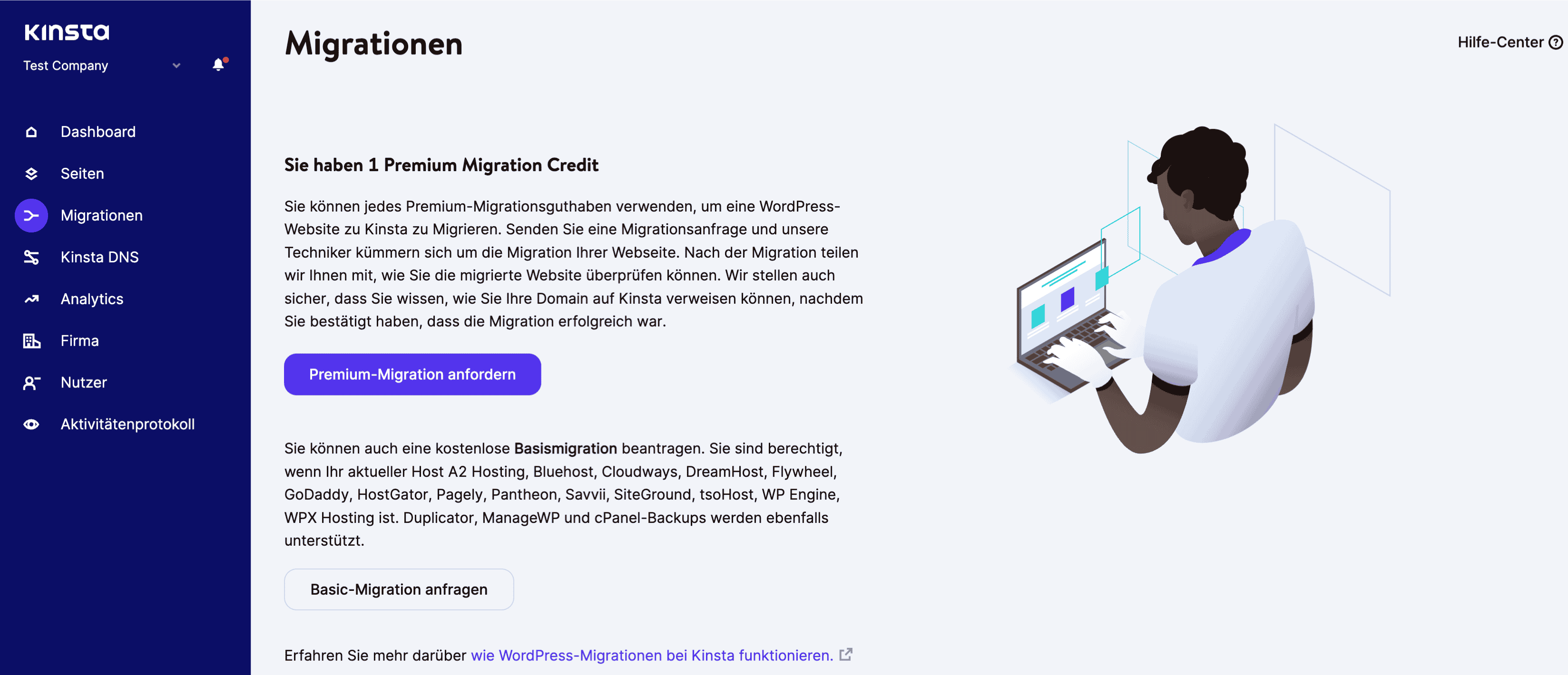Beantragung von Webseiten-Migrationen über das MyKinsta-Dashboard.
