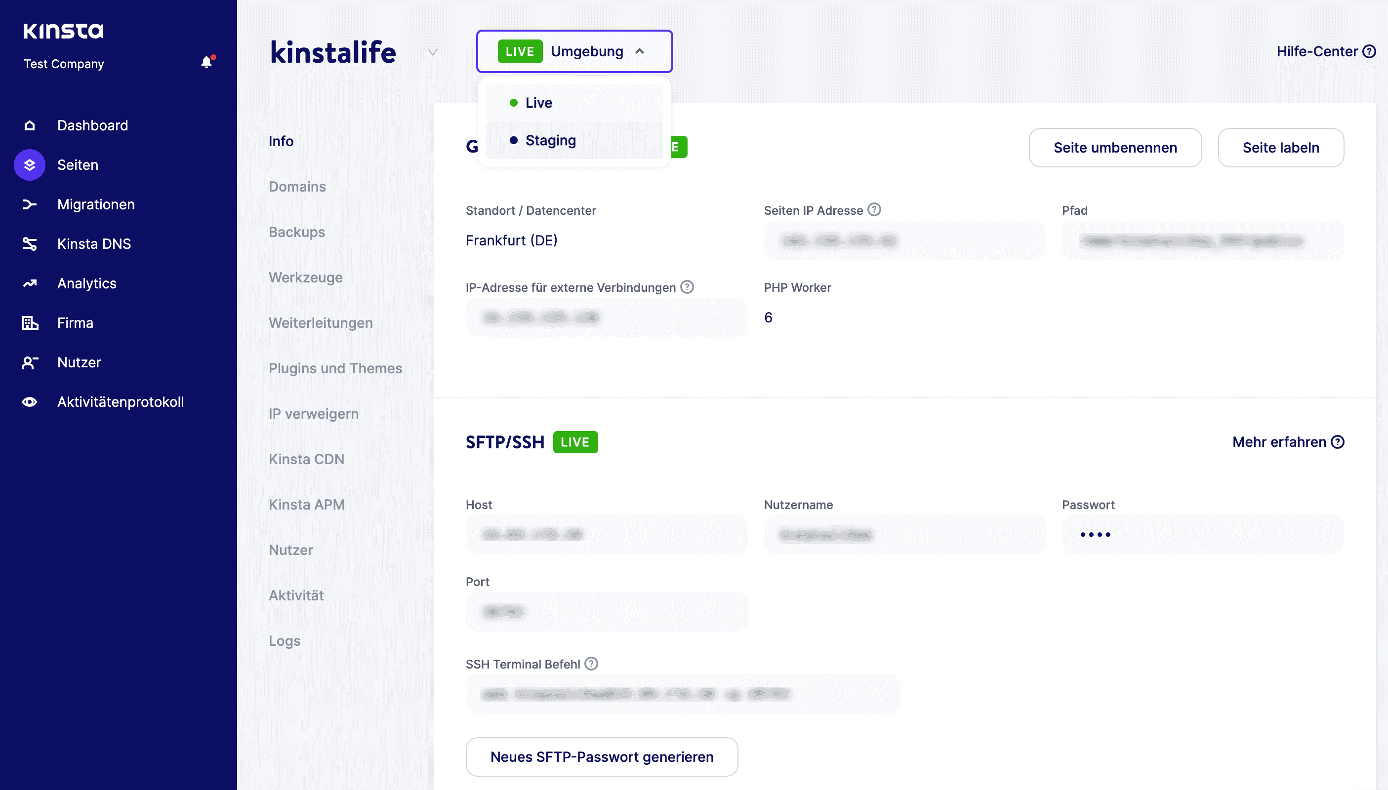 Umschalten zwischen Live- und Staging-Umgebung in MyKinsta.