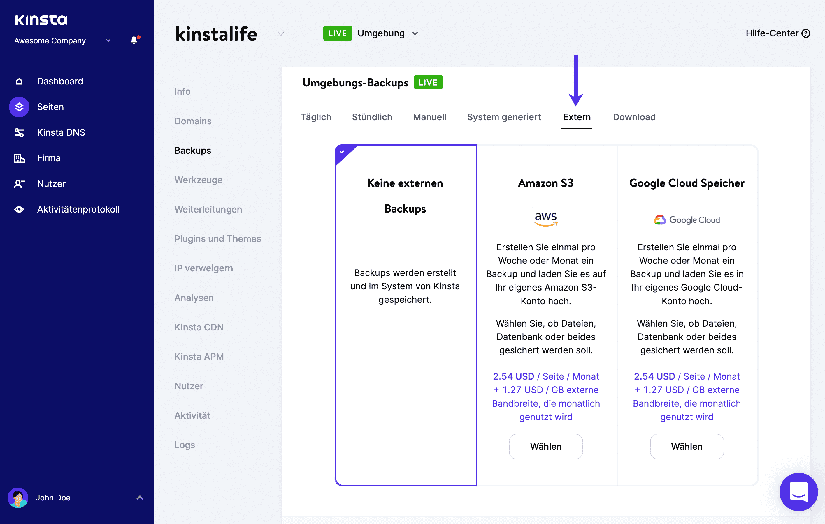 Kinsta Automated External Backups Add-on