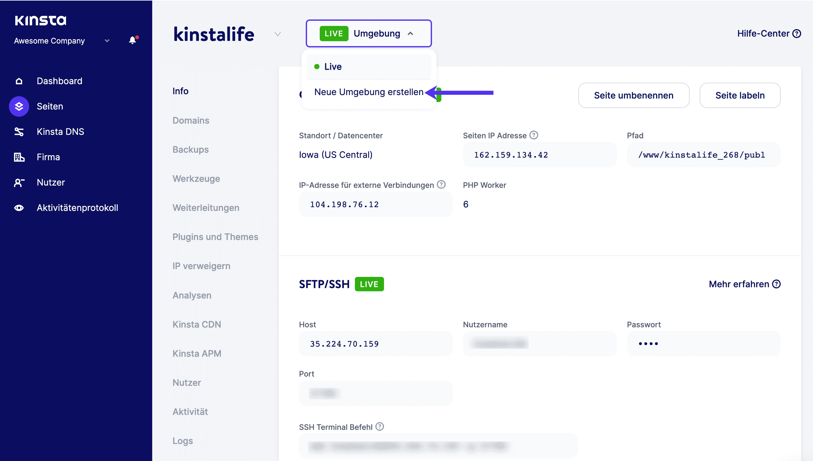Erstelle eine neue Umgebung mit dem Premium Staging Development Add-on.