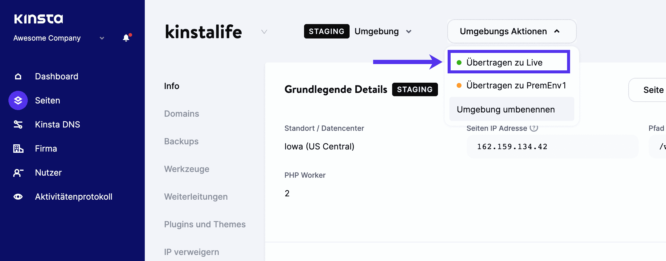 Mit Kinsta eine Site auf einen Live-Server pushen.