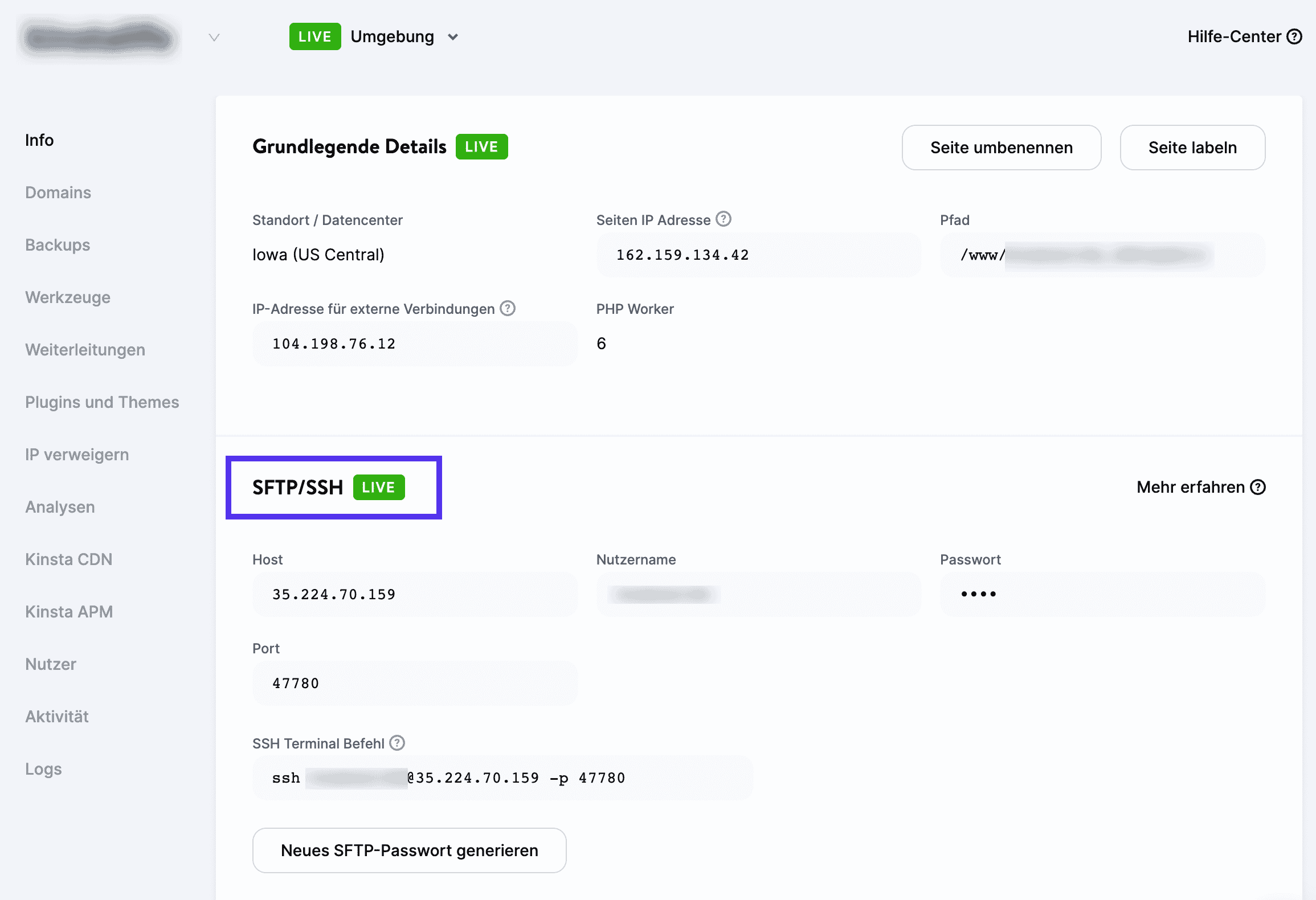 Ein Blick in MyKinsta, um die SFTP-Anmeldedaten zu sehen