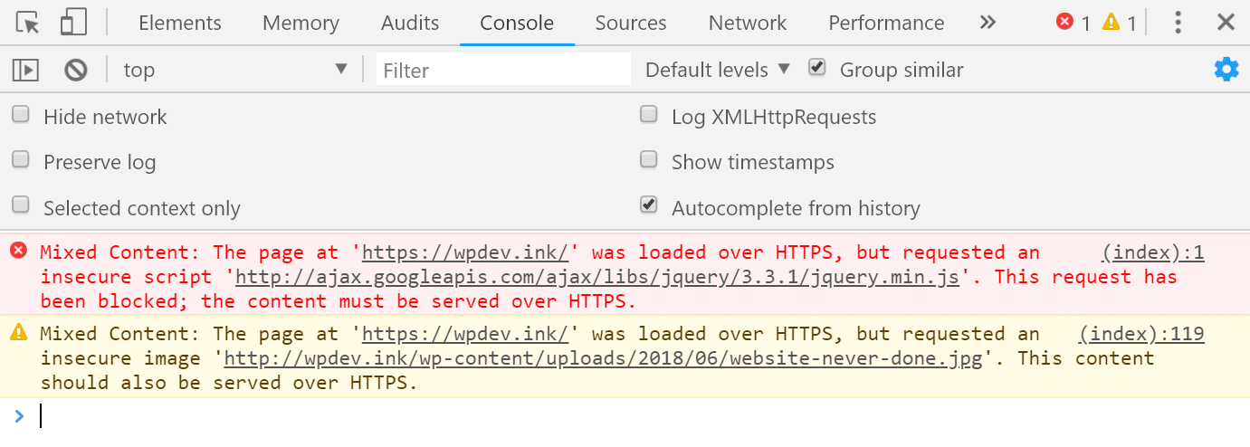 Chrome DevTools mixed content i konsollen