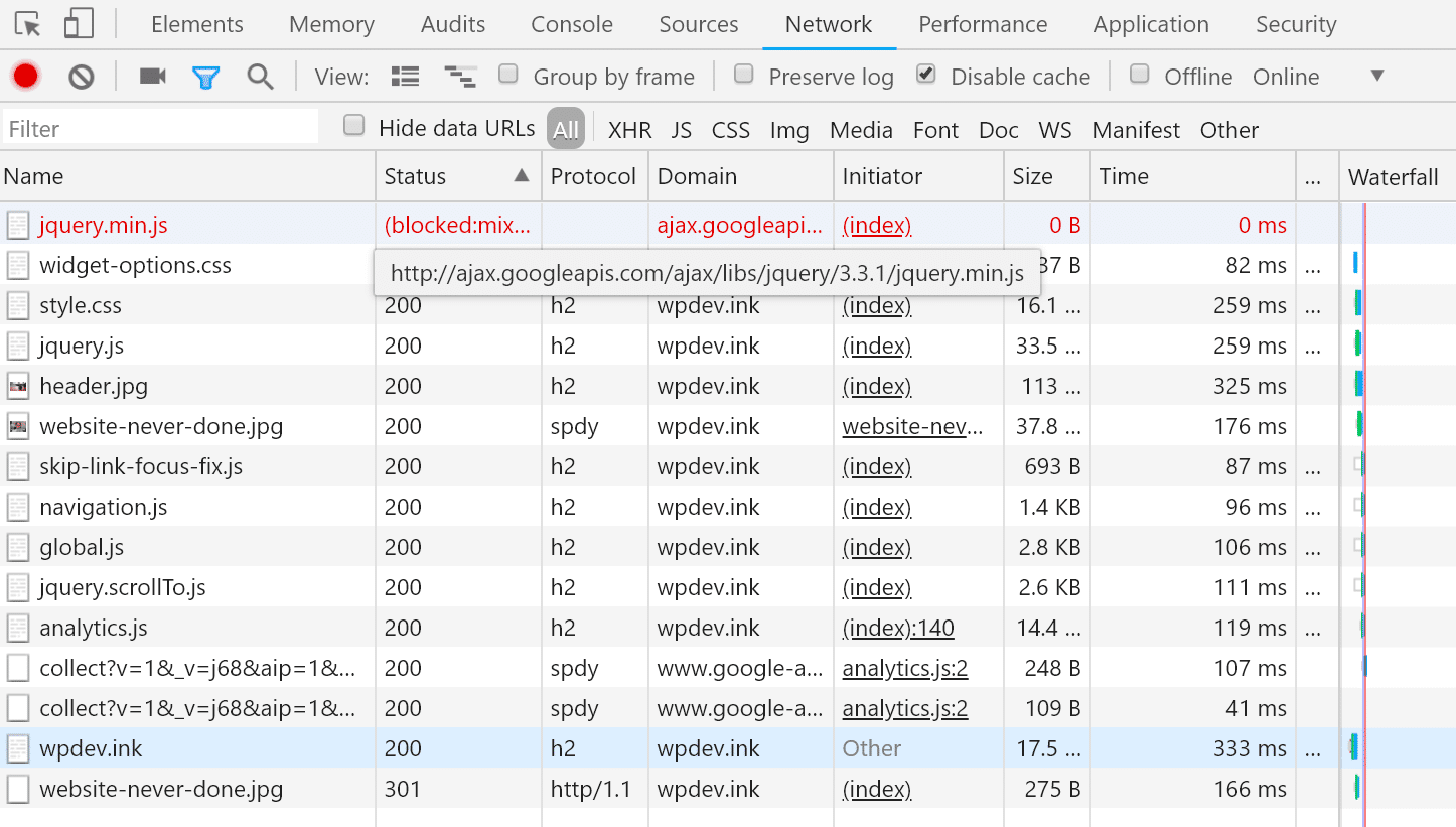Chrome DevTools-netværk