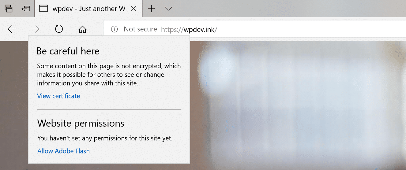 Microsoft Edge advarsel om mixed content