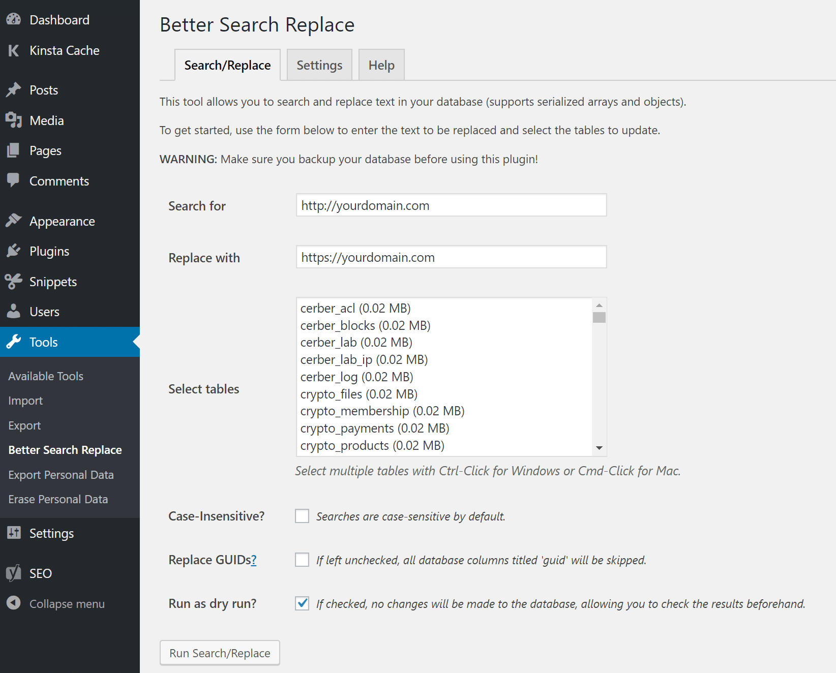 Better Search Replace muligheder