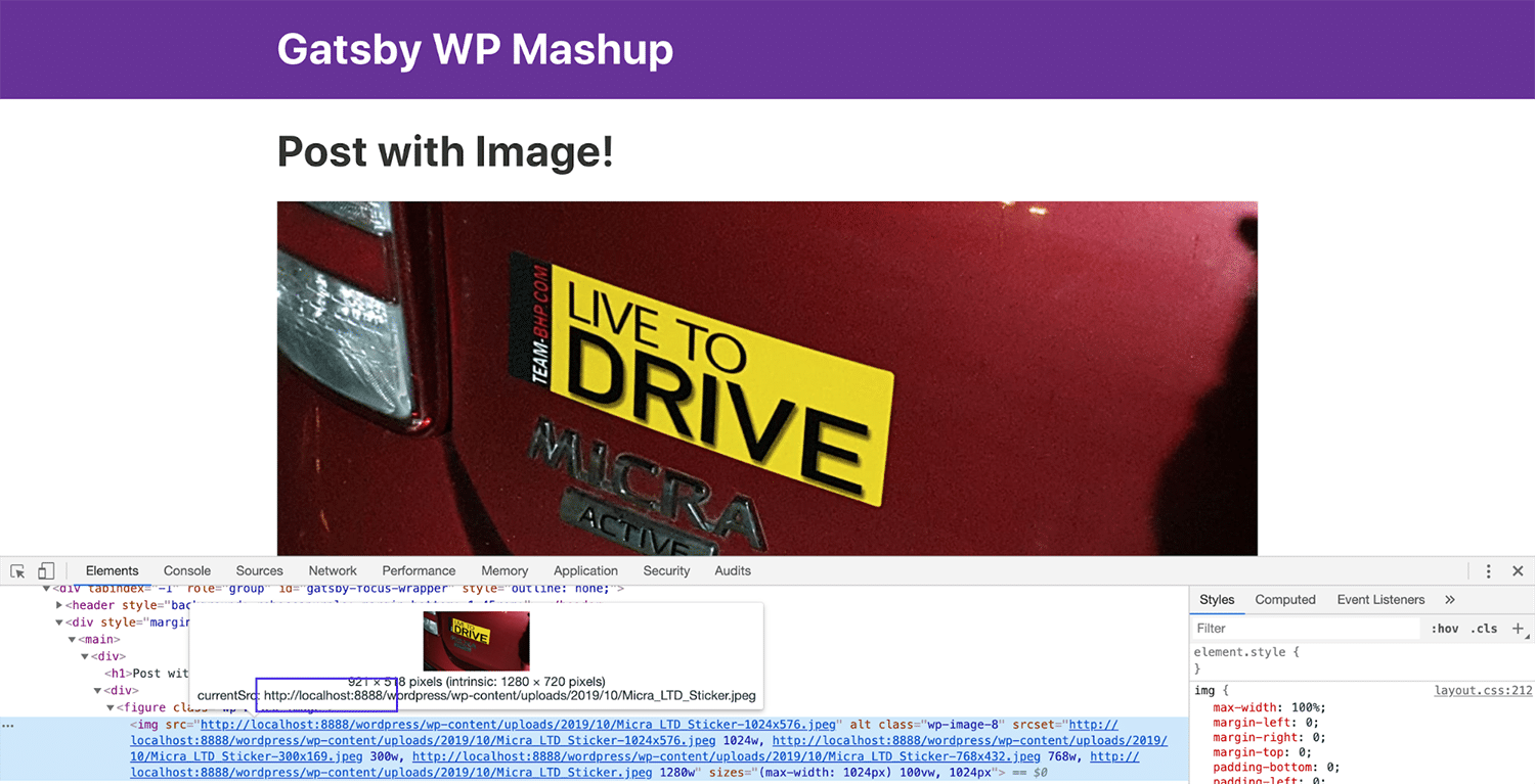 Gatsby-indlæg med et billede og dets kilde