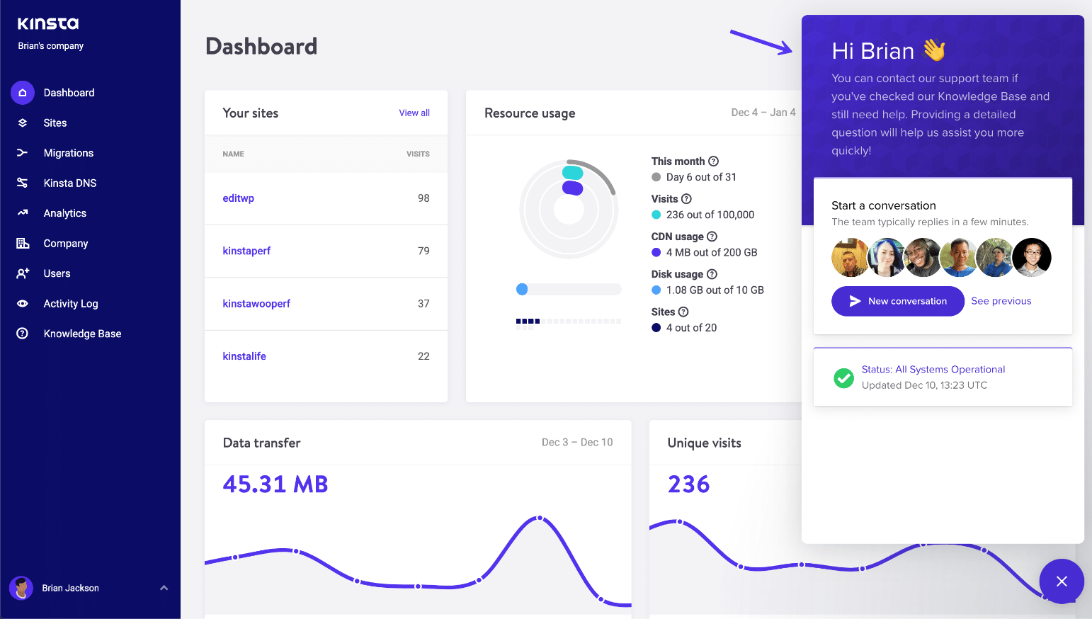 Support i MyKinsta dashboard