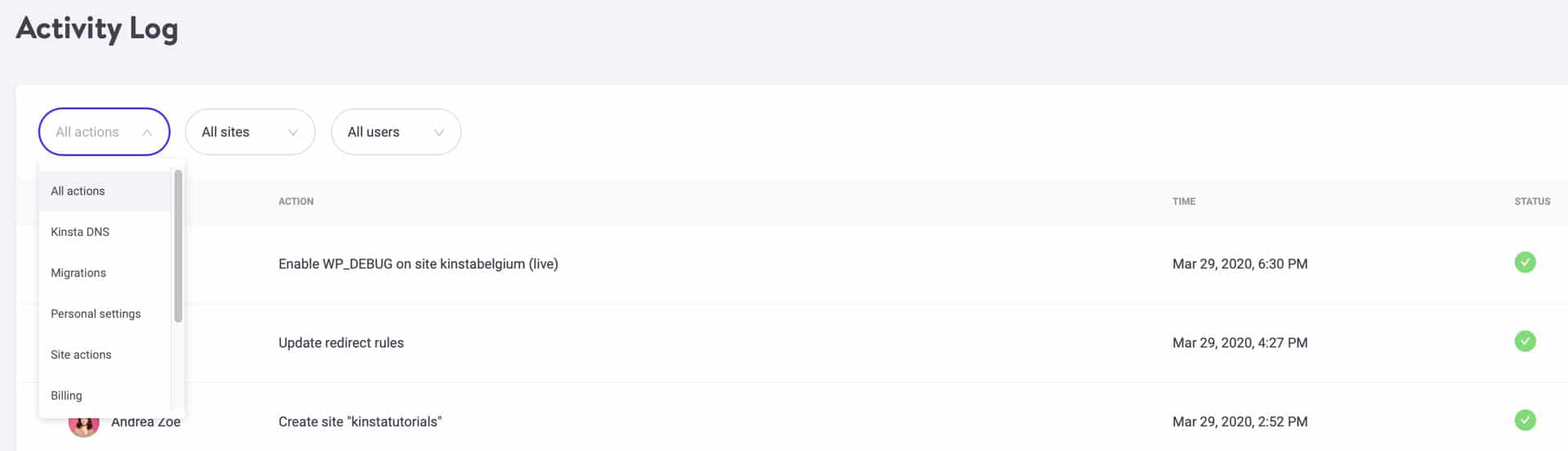 Kategori filter til aktivitetsloggen MyKinsta.