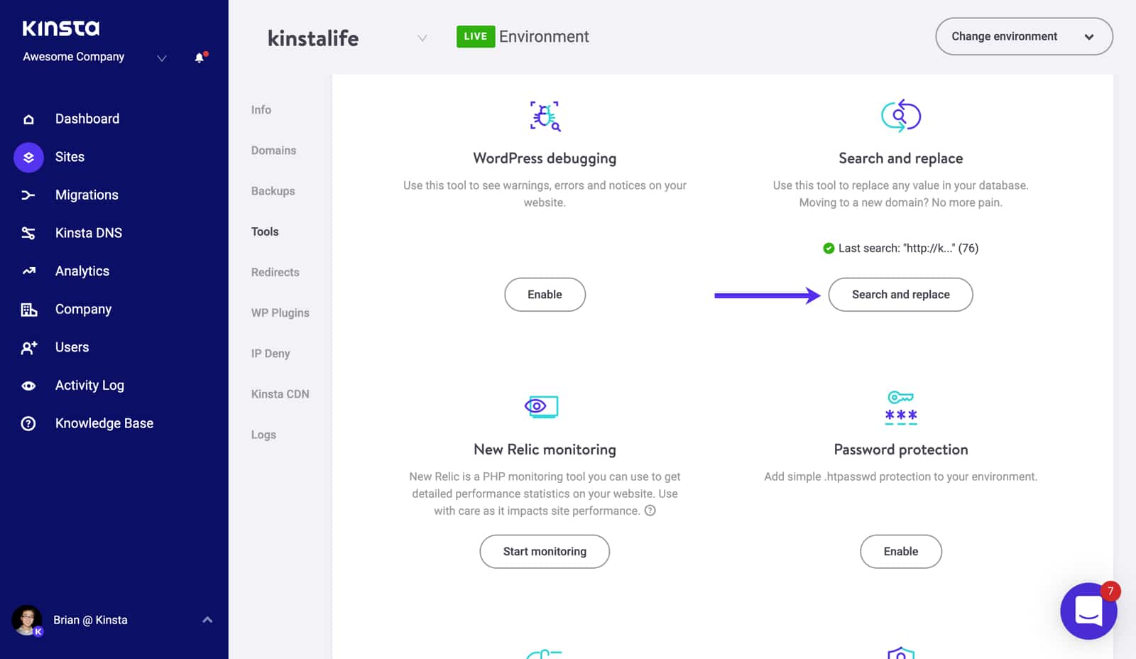 Udfør en Search and replace i MyKinsta.