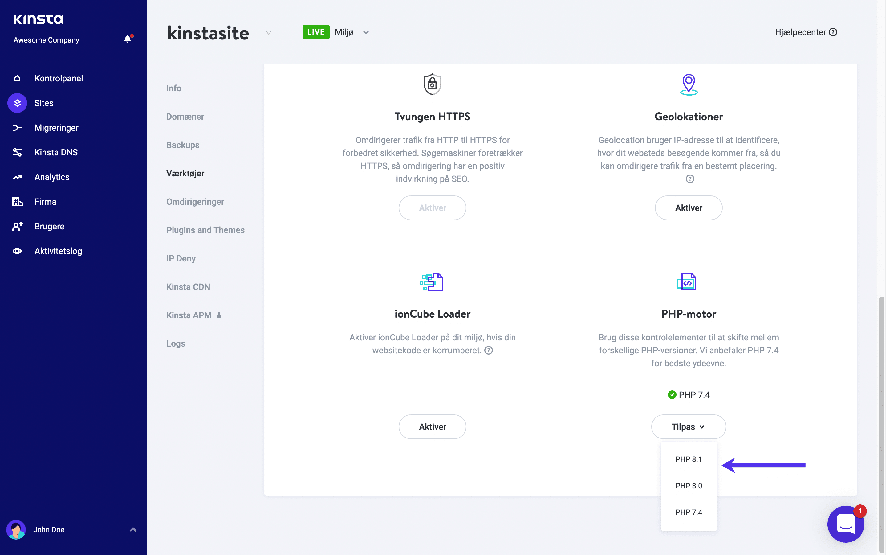 At skifte til PHP 8.1 i MyKinsta
