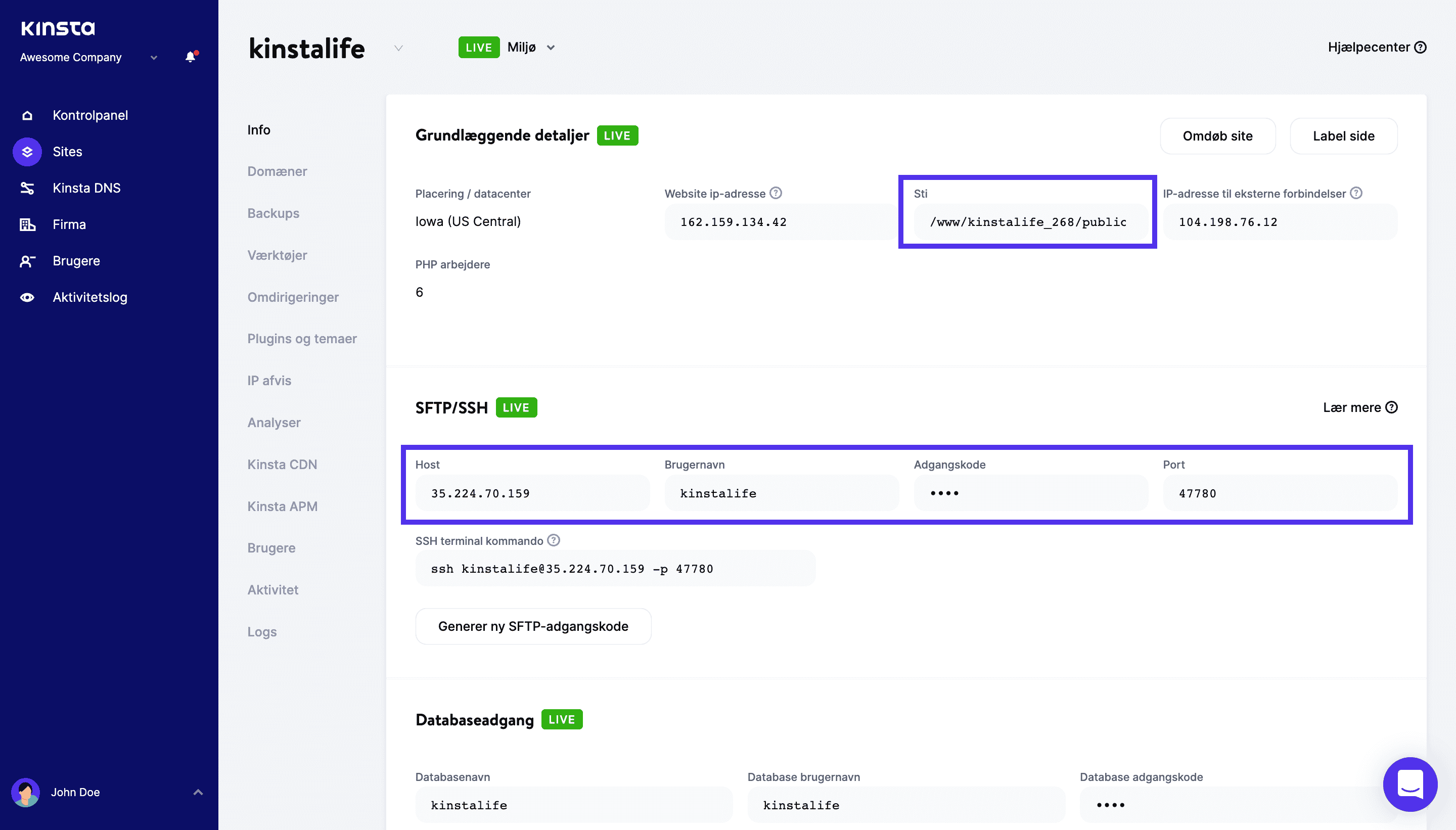 Find dine SFTP-oplysninger i MyKinsta.
