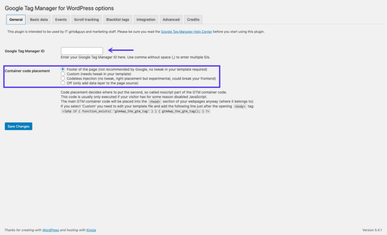 Añadir el ID del contenedor al plugin de Google Tag Manager