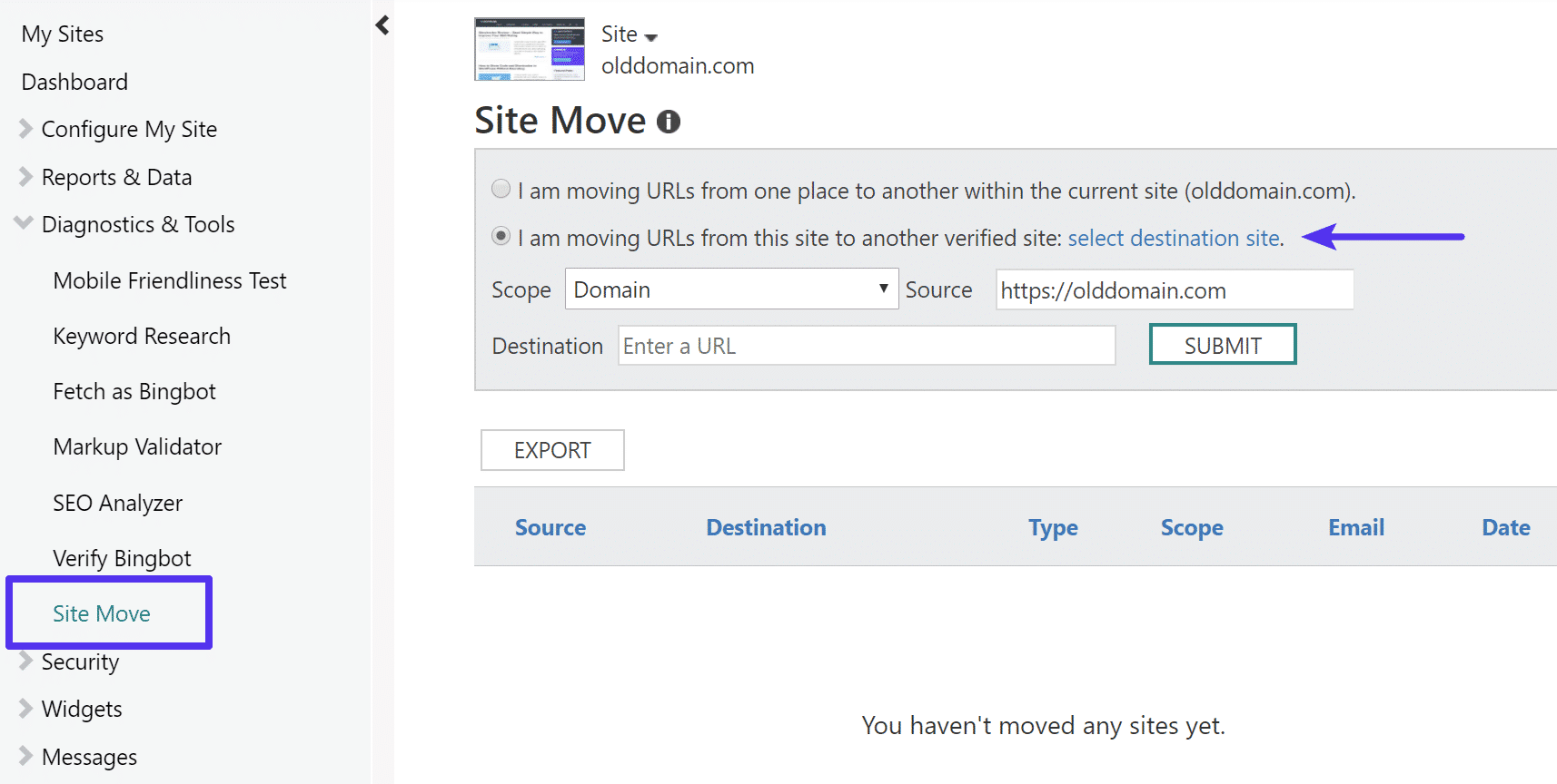Movimiento del sitio en Bing Webmaster Tools