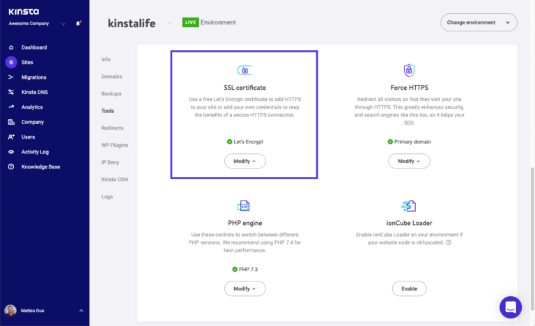 Herramienta MyKinsta para habilitar el certificado SSL
