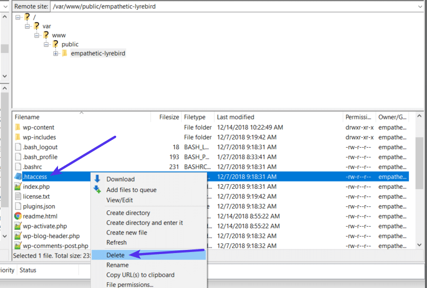 Borrando el archivo .htaccess