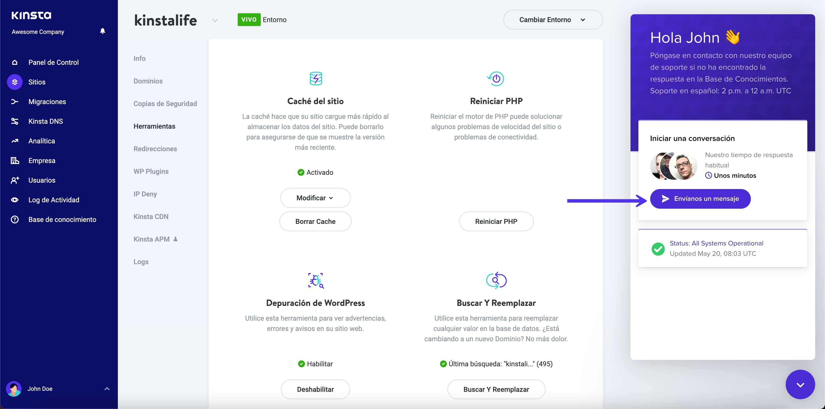 Contacta con el soporte de Kinsta fácilmente a través de MyKinsta