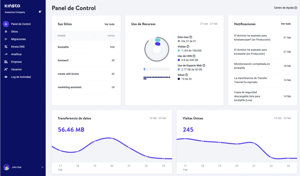 El panel de control de MyKinsta.
