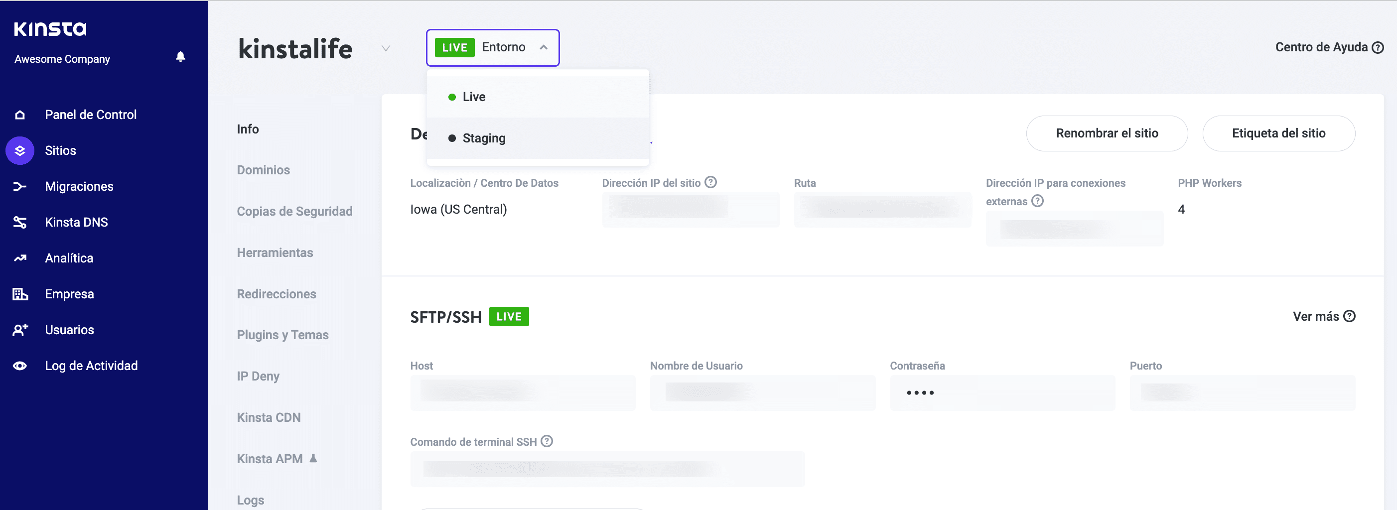 La función de puesta en escena de Kinsta con un solo clic.