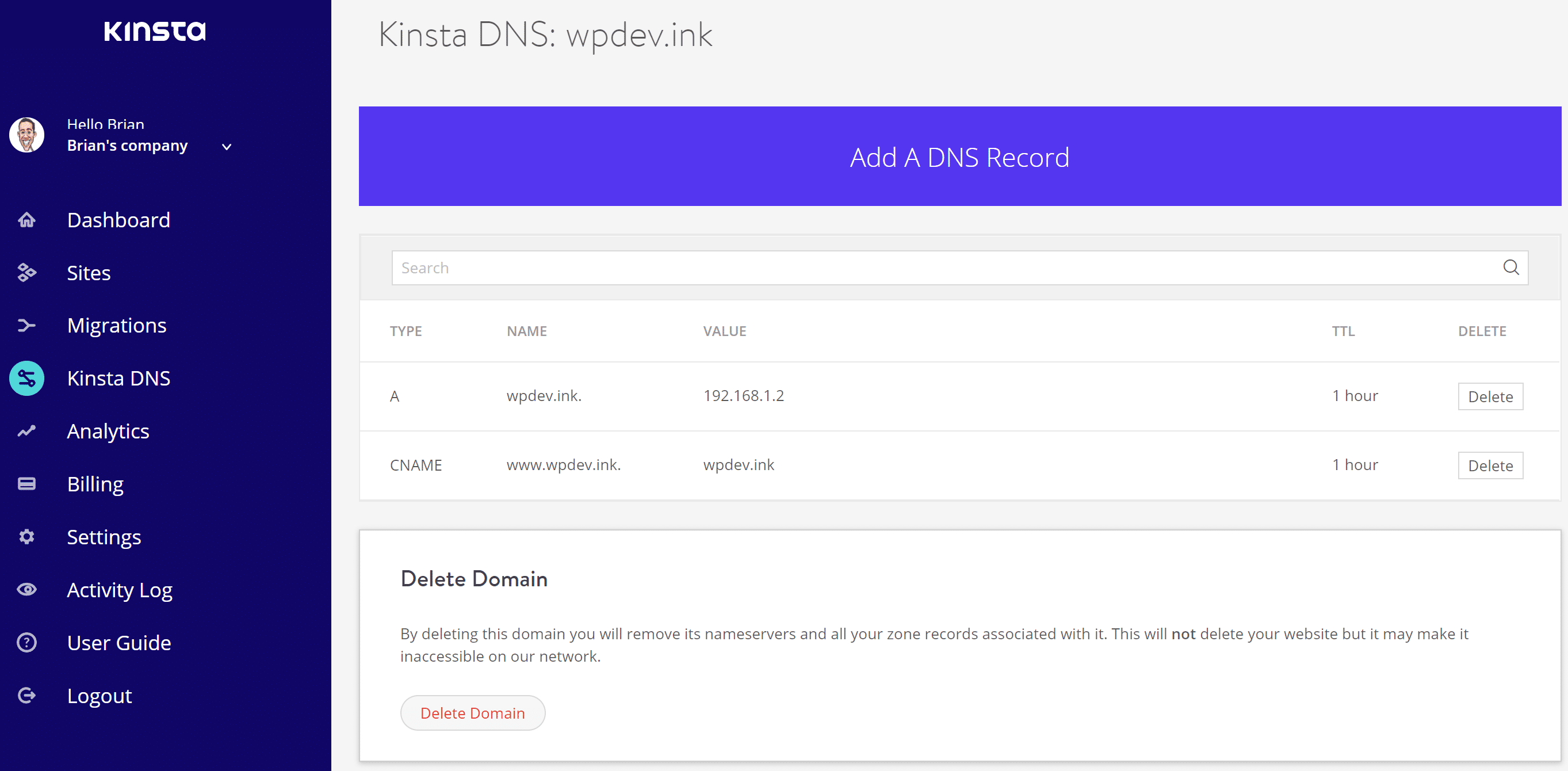 Un exemple d'enregistrements DNS chez Kinsta