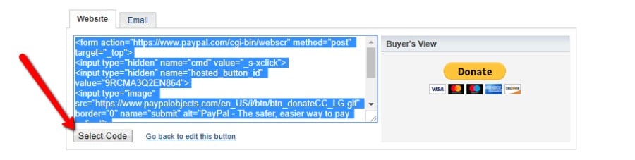 Copier le code d'intégration du bouton de don PayPal