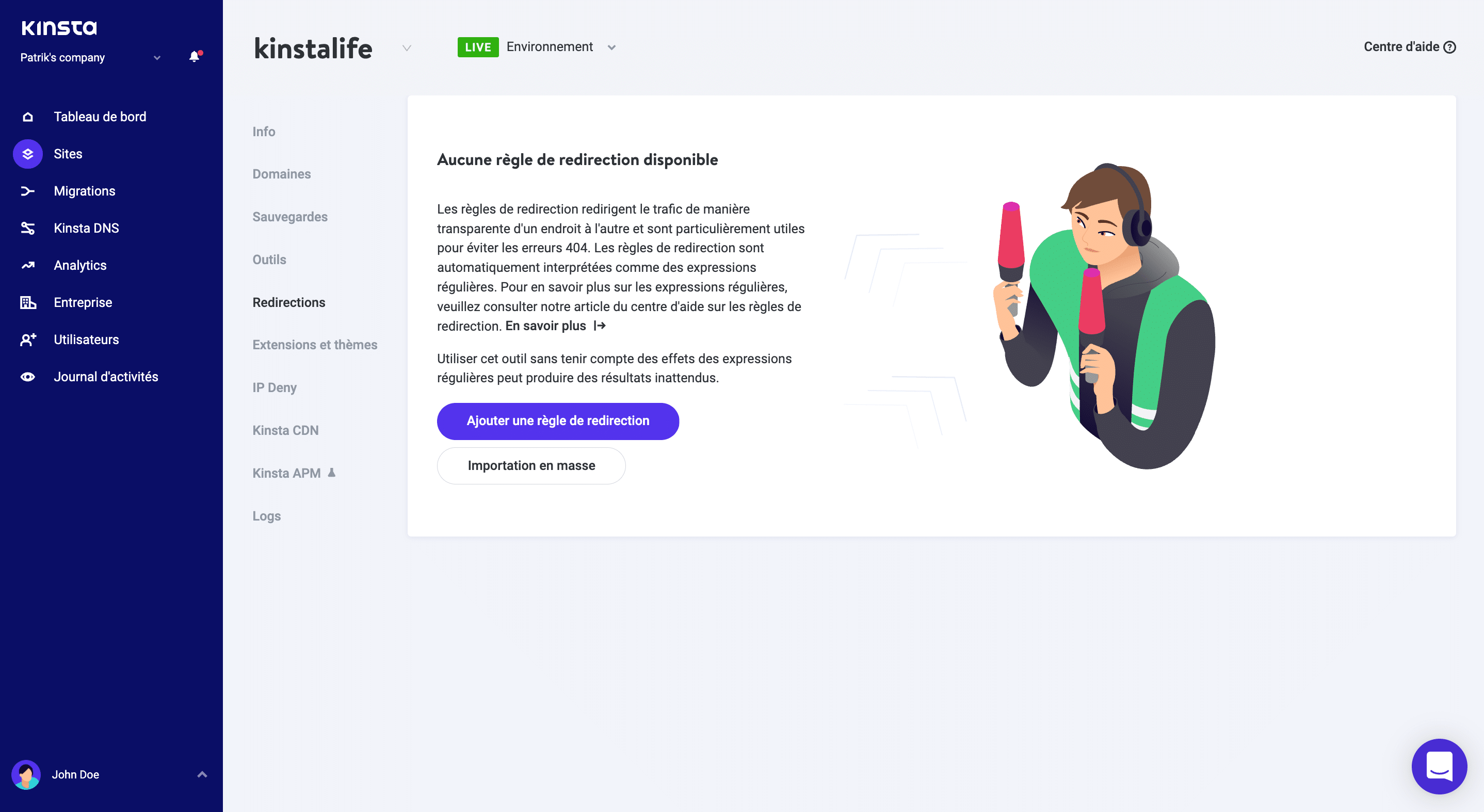 Ajouter une règle de redirection dans MyKinsta