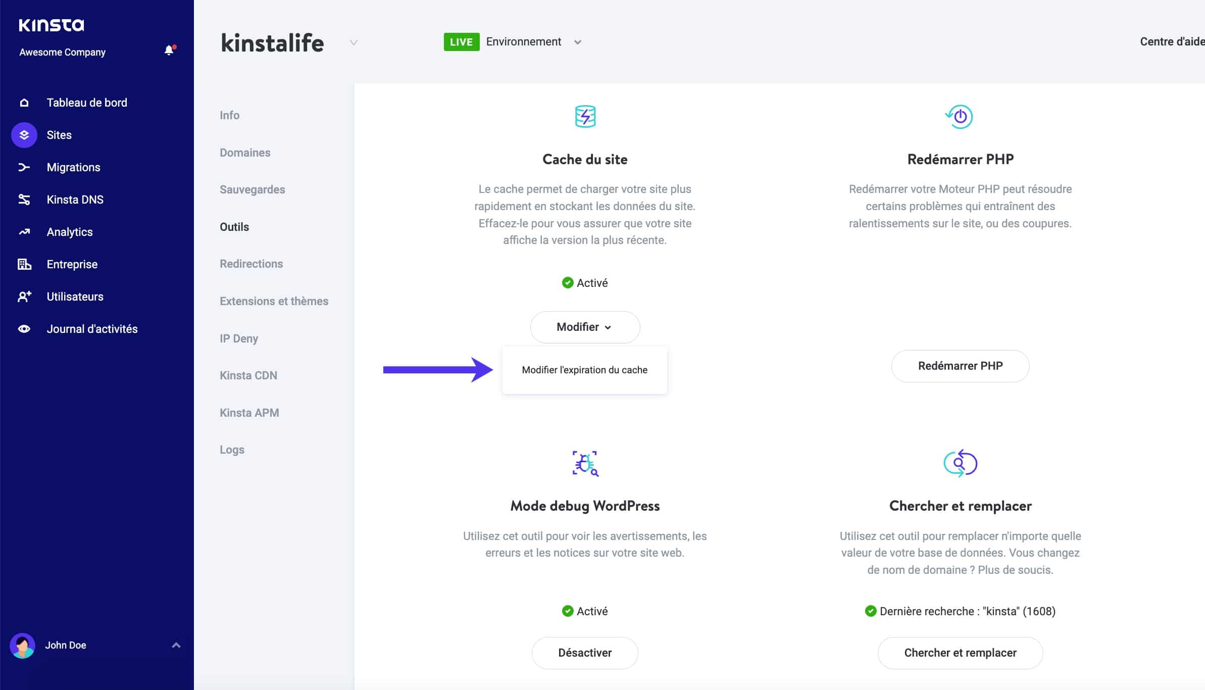 Modifiez le délai d’expiration du cache des pages dans MyKinsta.