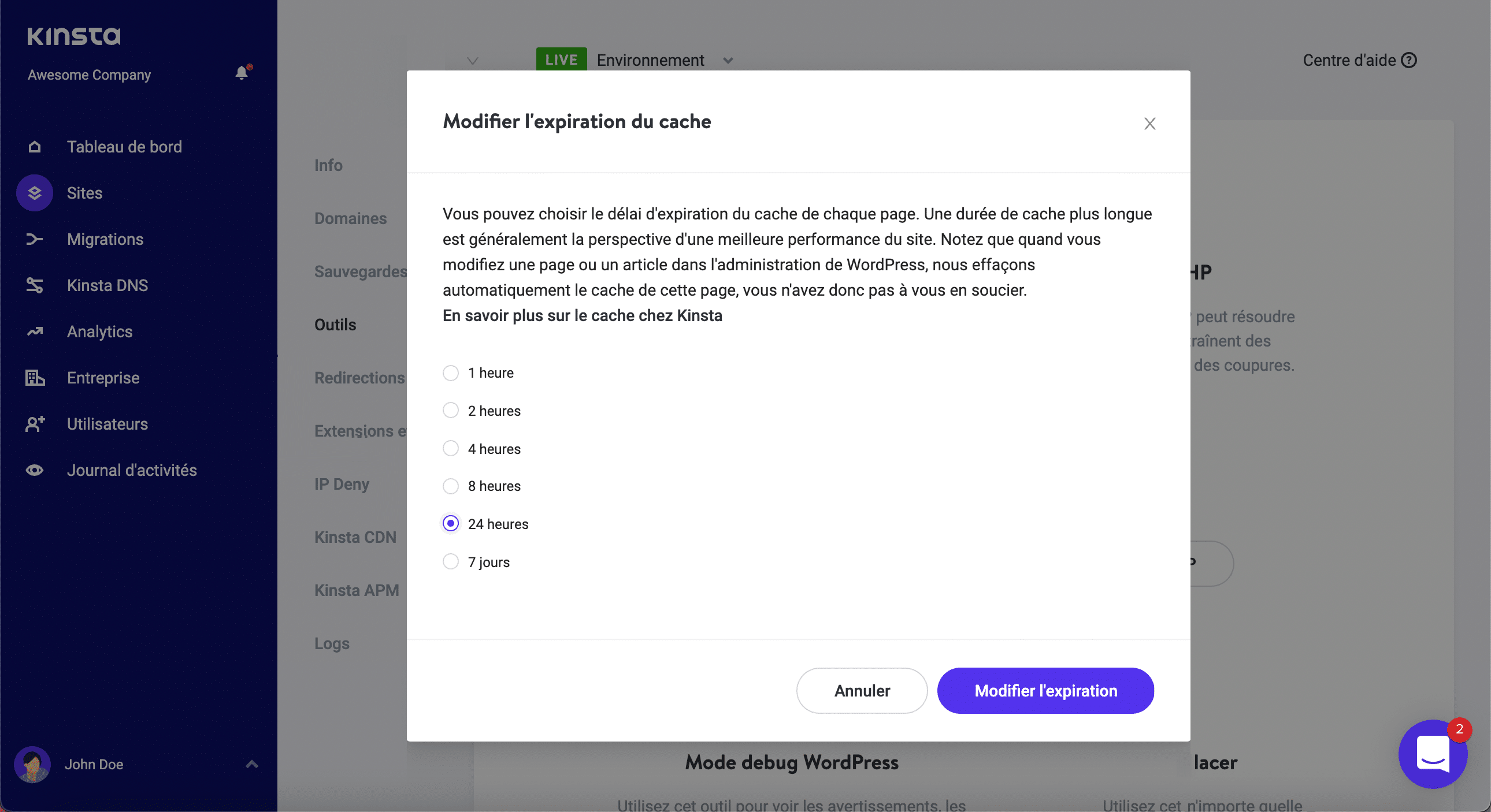 Options d’expiration du cache des pages dans MyKinsta.