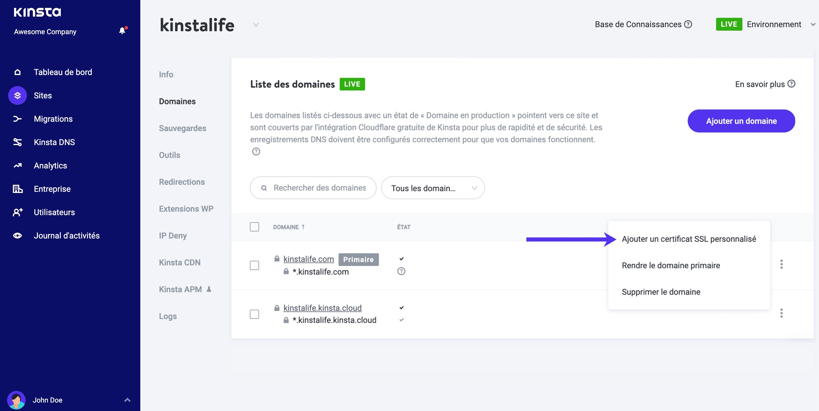Outre les SSL gratuits de Cloudflare, Kinsta prend également en charge les SSL personnalisés.