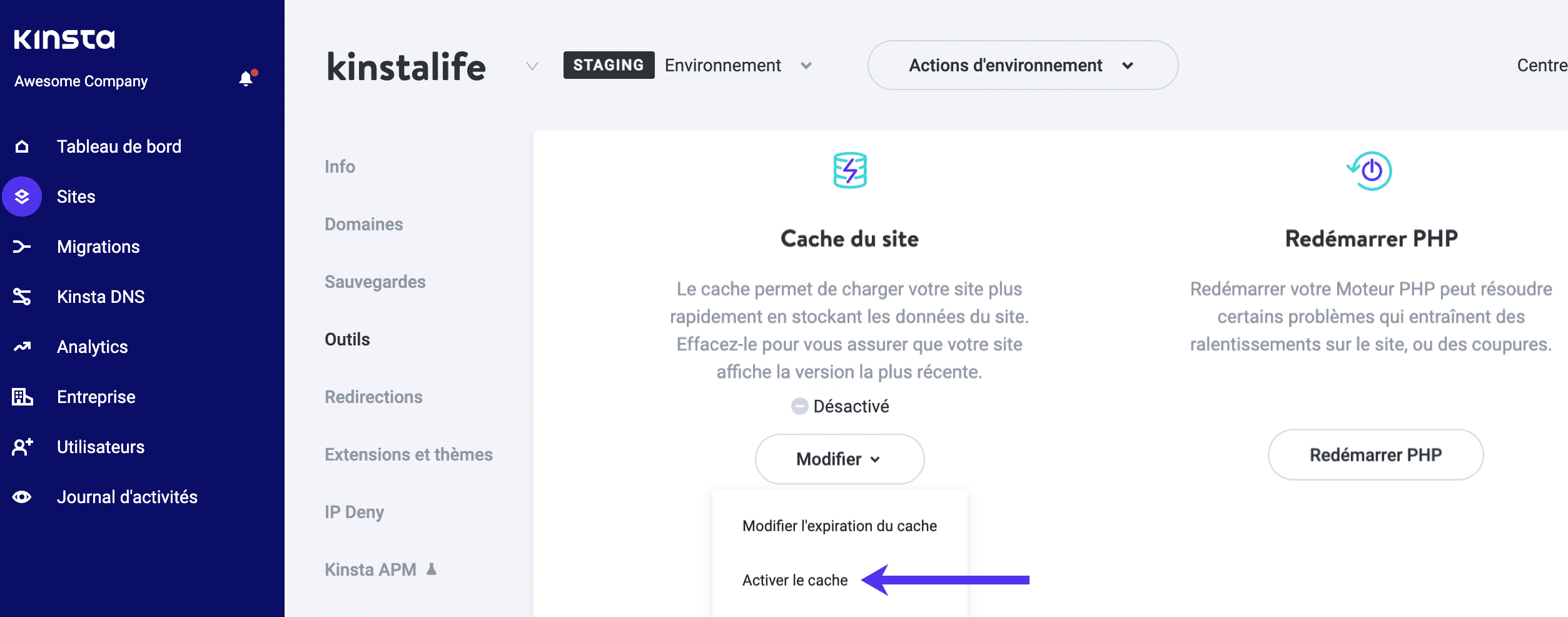 Activez la mise en cache des pages pour votre site de staging.
