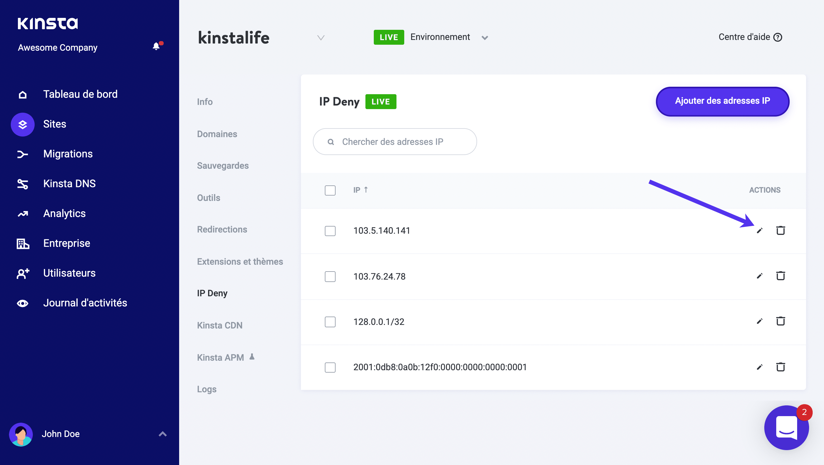 Modifier ou supprimer les adresses IP bloquées.