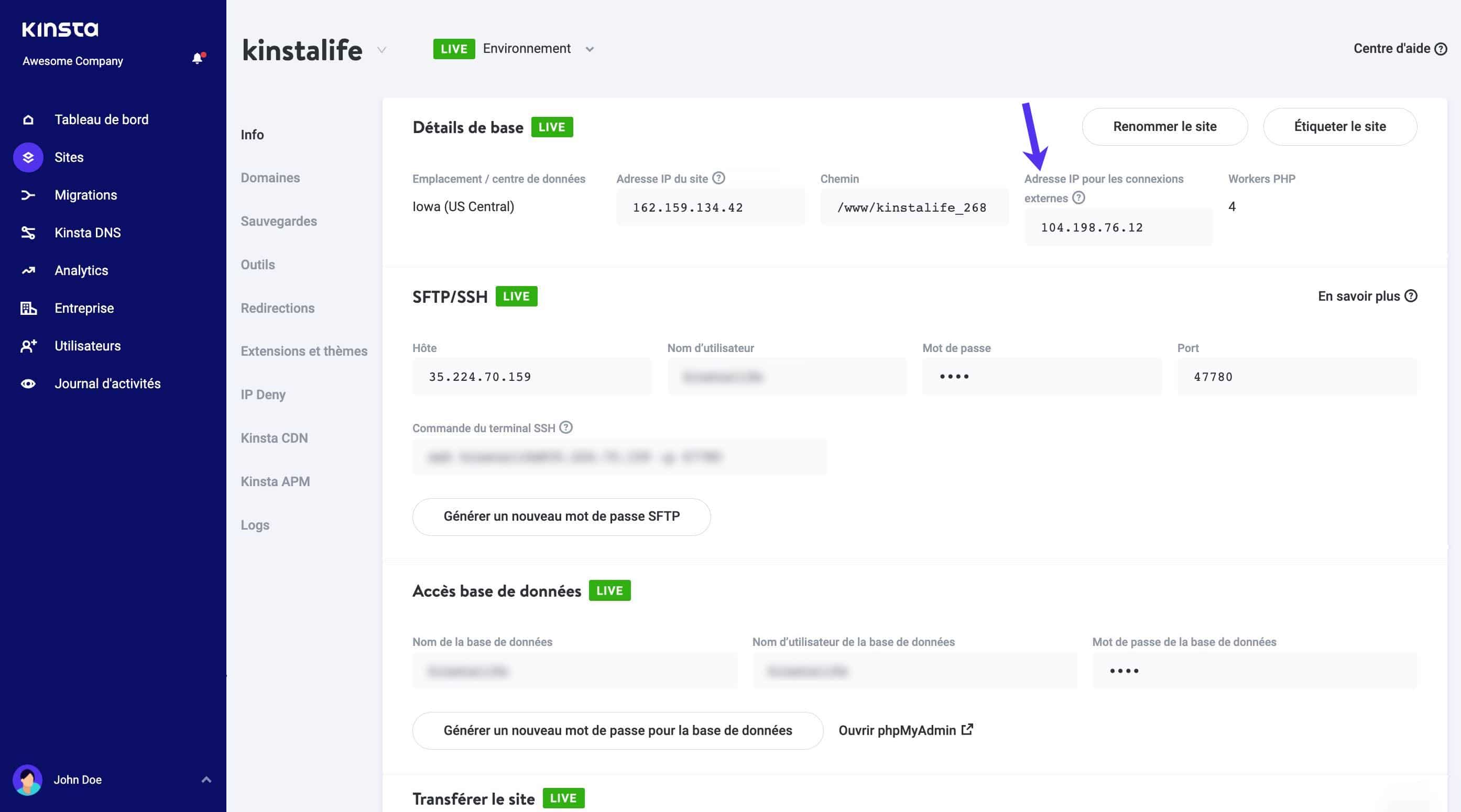 Adresse IP externe dans MyKinsta