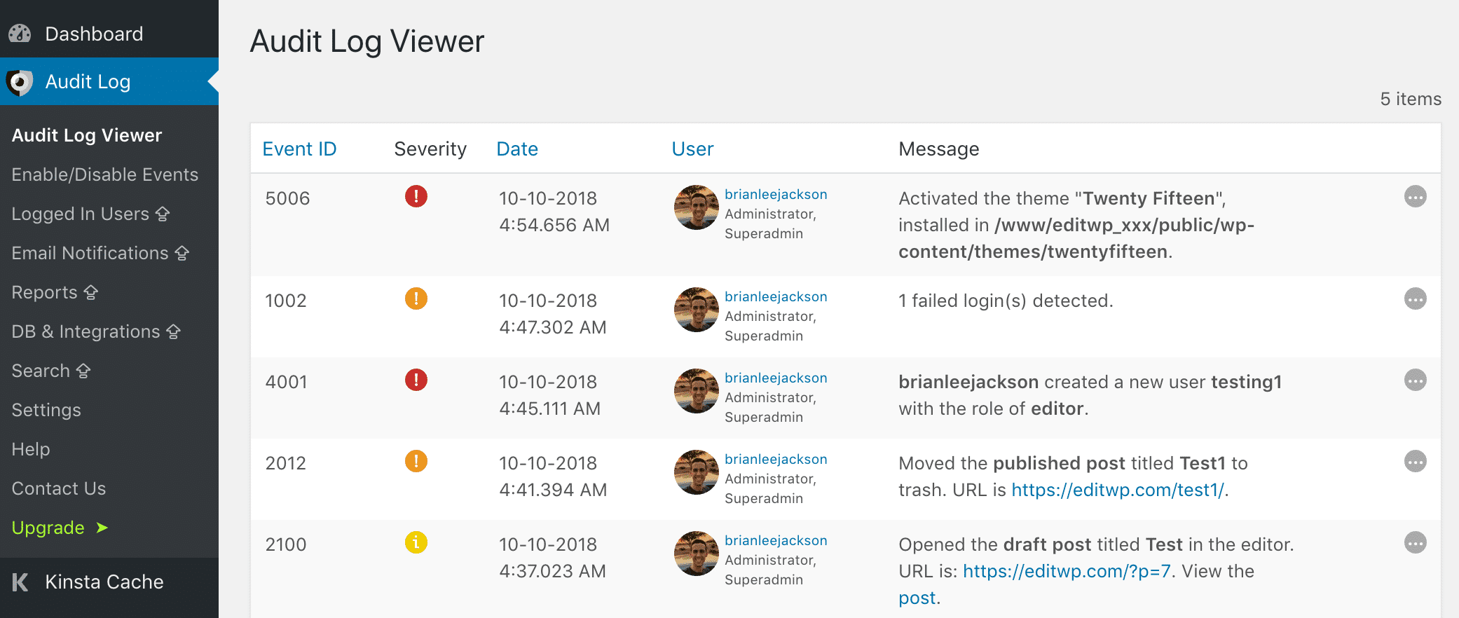 Changement de thème dans WP Security Audit Log