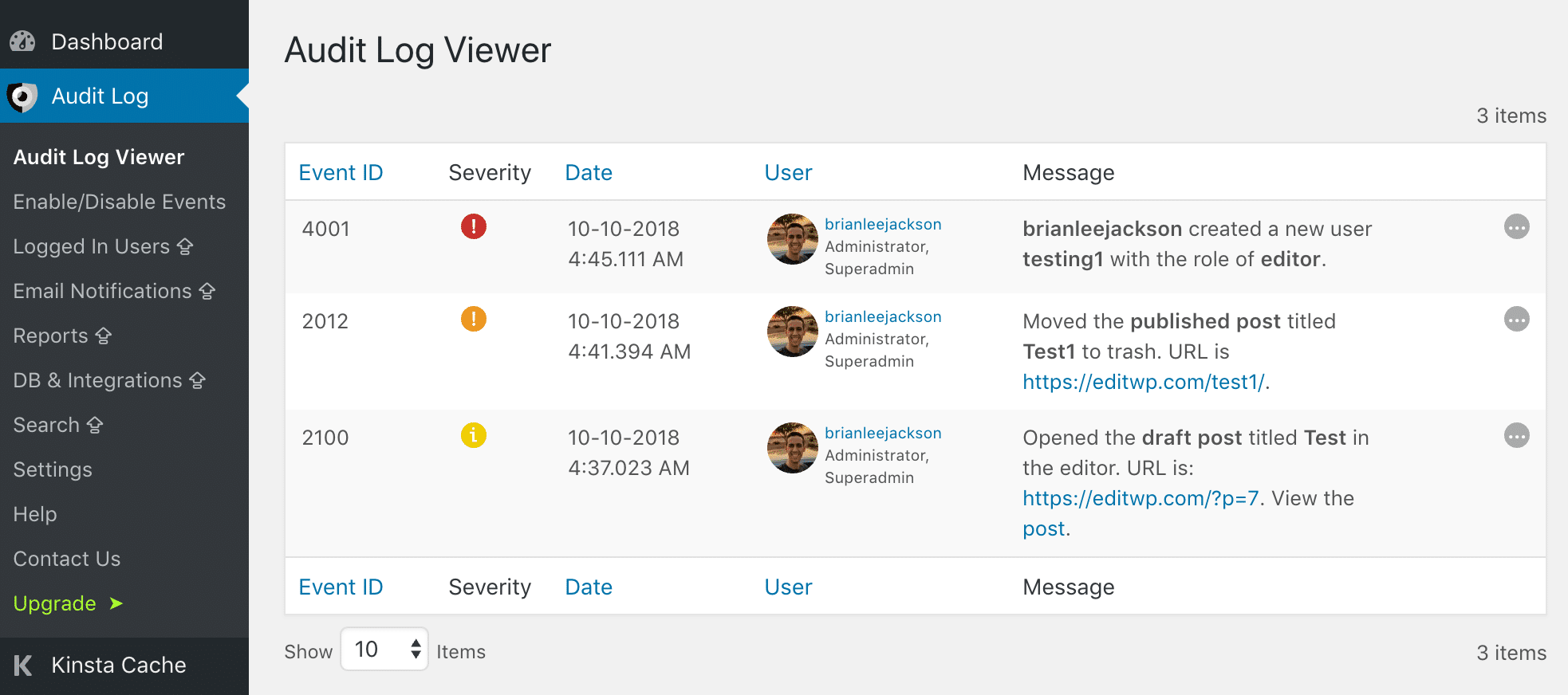 Enregistrements d'utilisateurs WP Security Audit Log