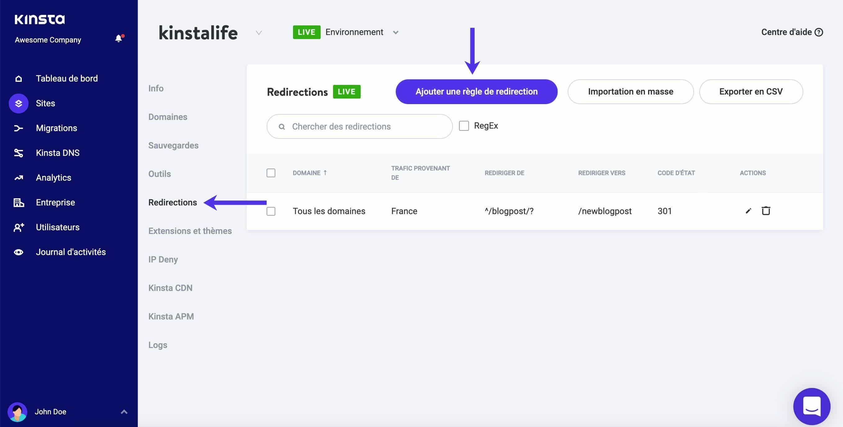 Comment configurer les redirections à partir de votre tableau de bord MyKinsta