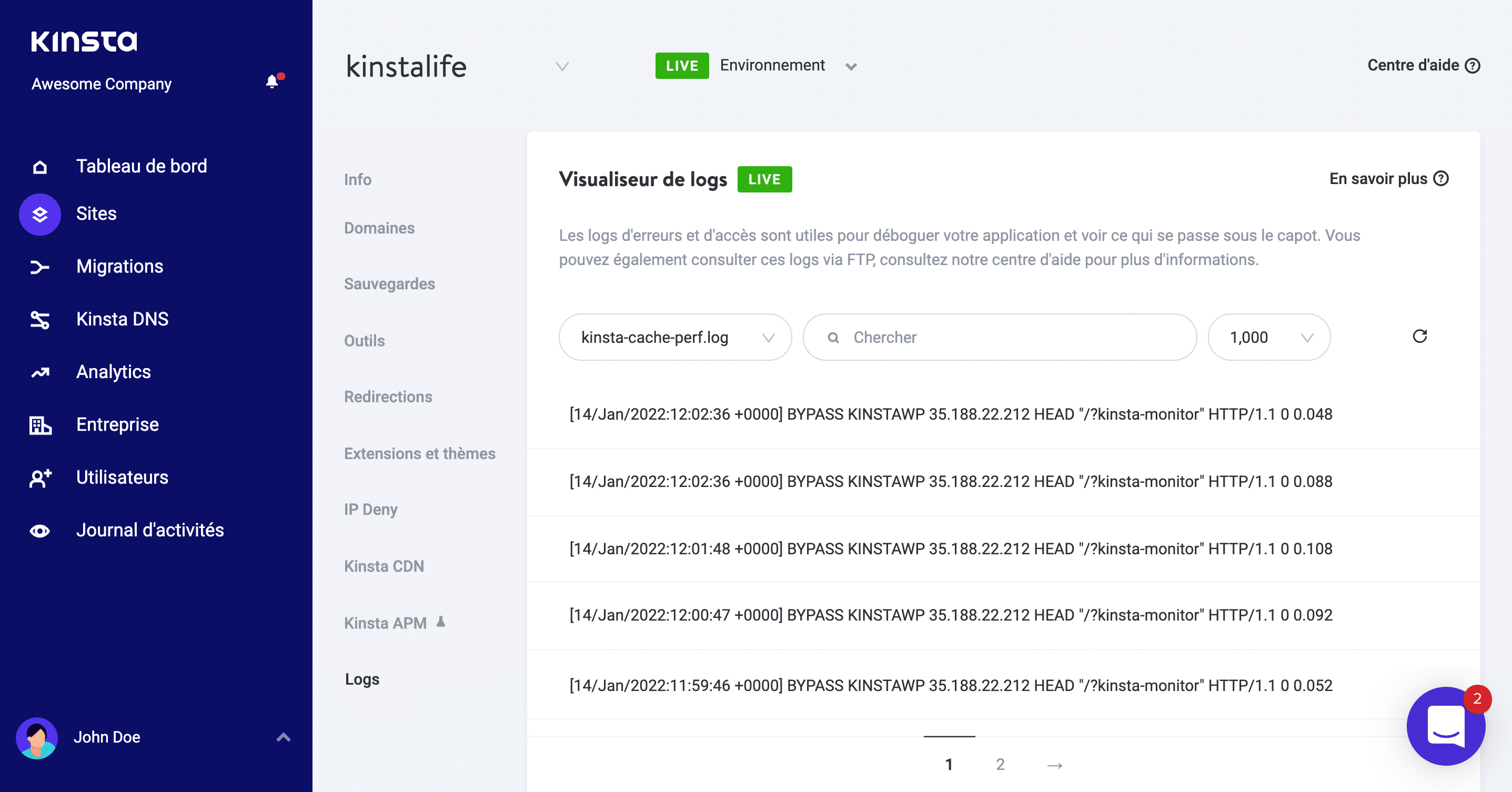 Logs du cache WordPress