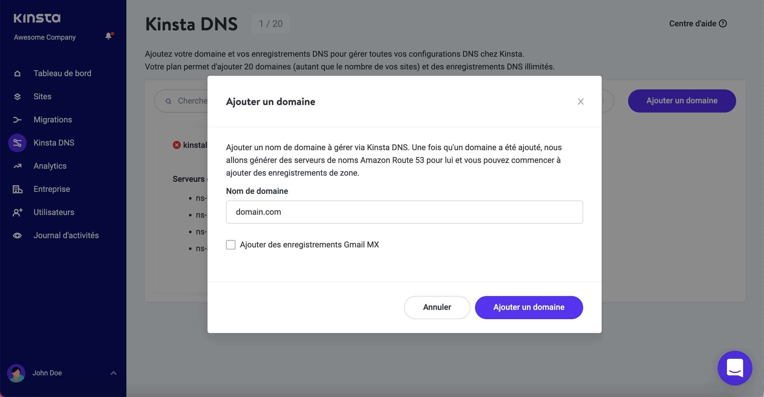 Ajouter un domaine dans Kinsta DNS