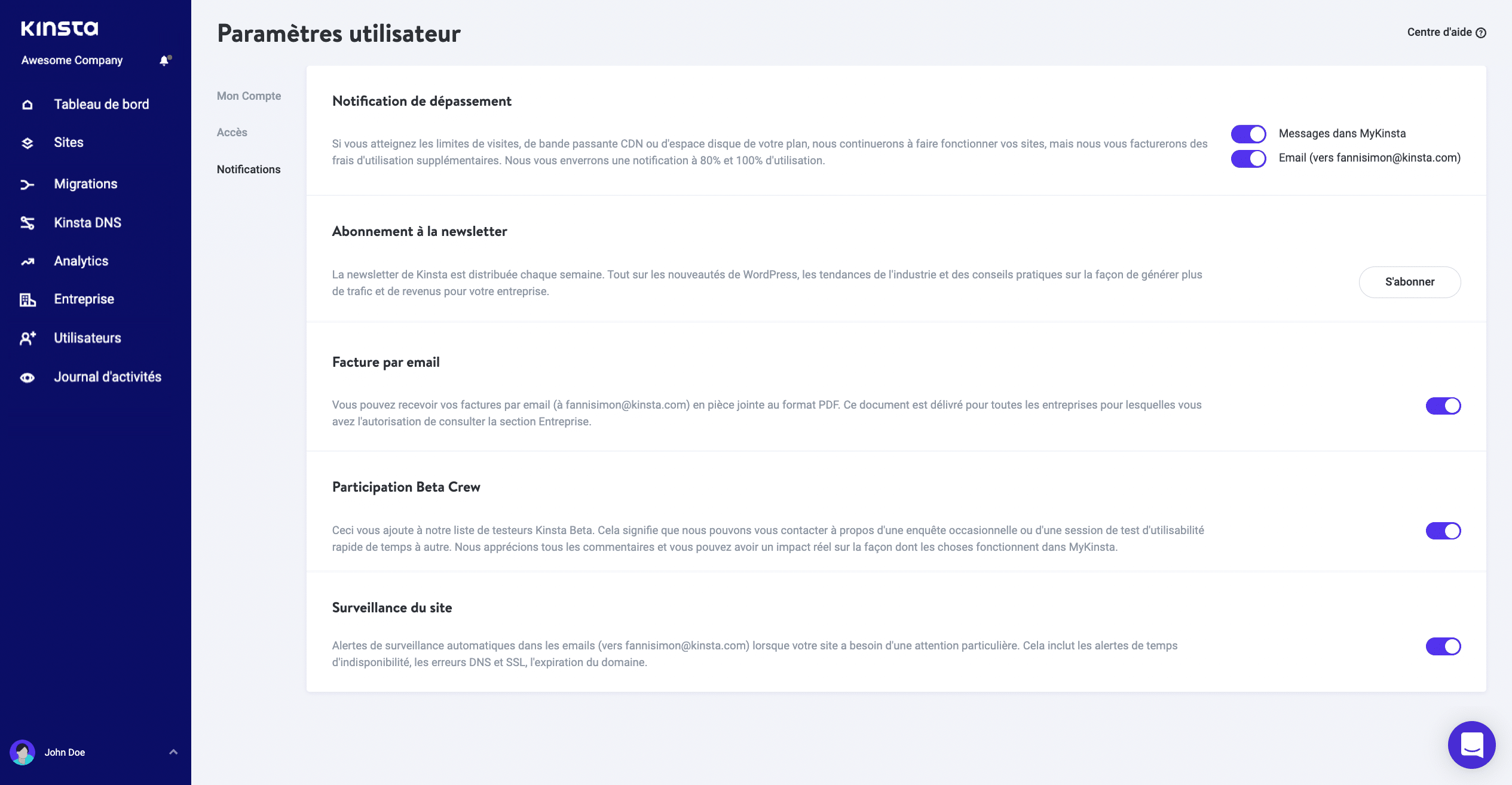 Notifications par e-mail dans MyKinsta.