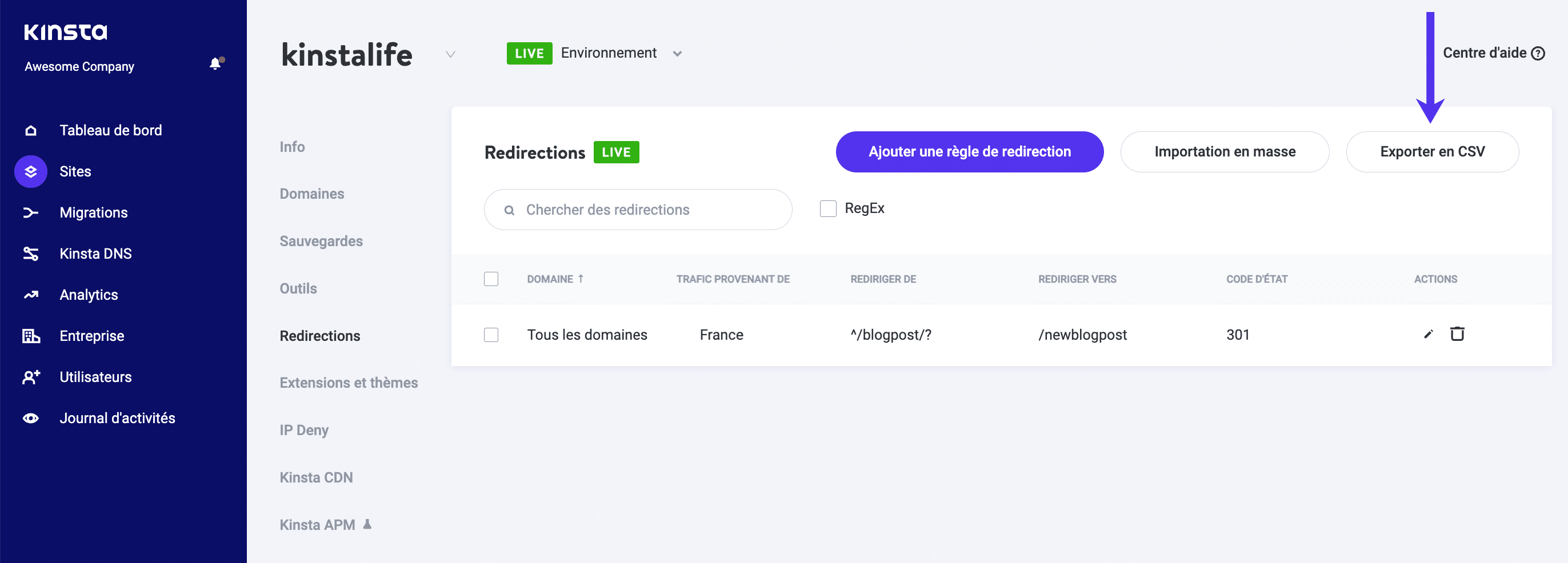 Exporter les redirections WordPress au format CSV.