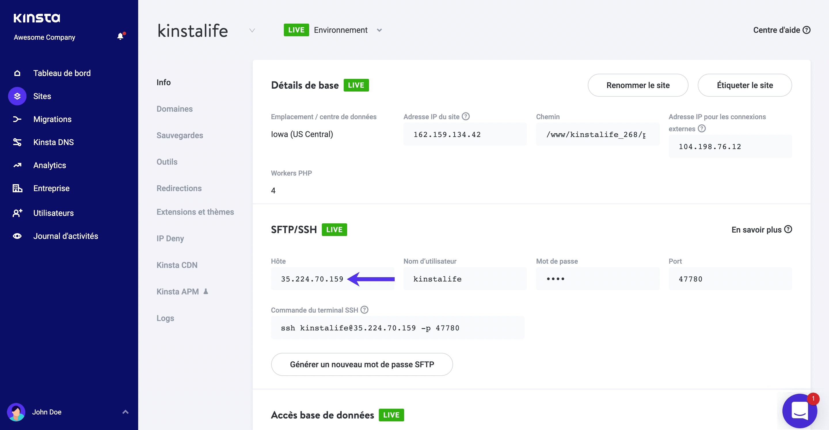 Adresse SFTP/SSH dans MyKinsta.