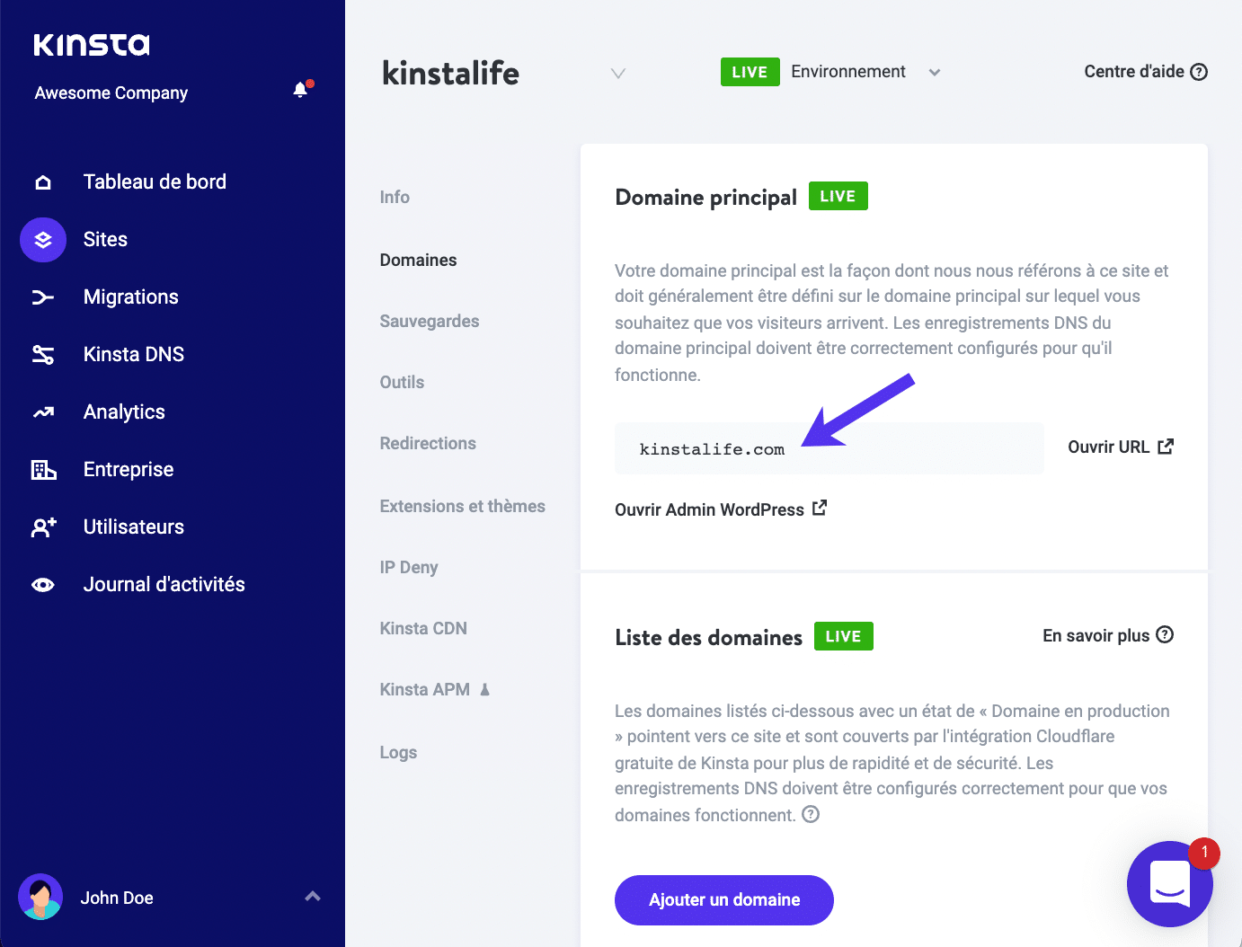 URL temporaire Kinsta