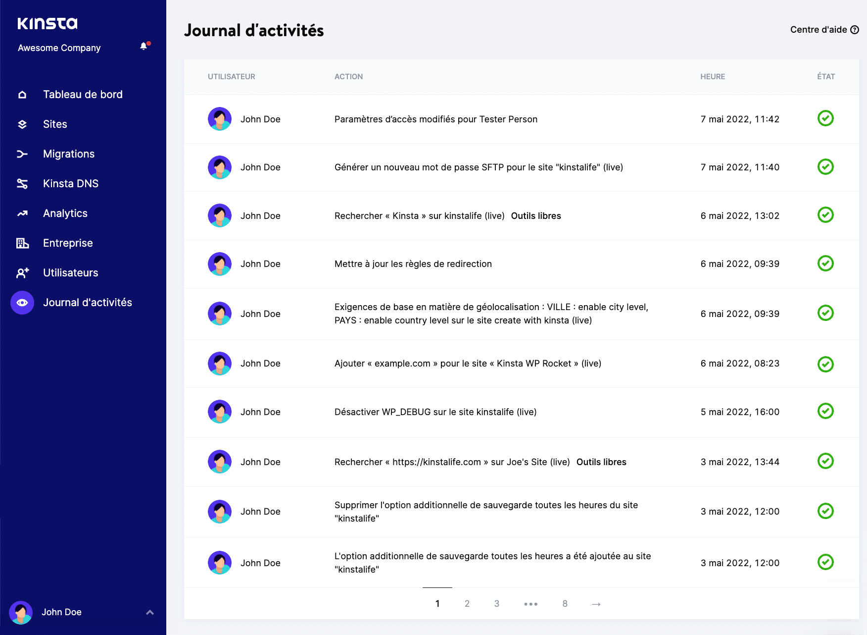 Logs d’activités dans MyKinsta